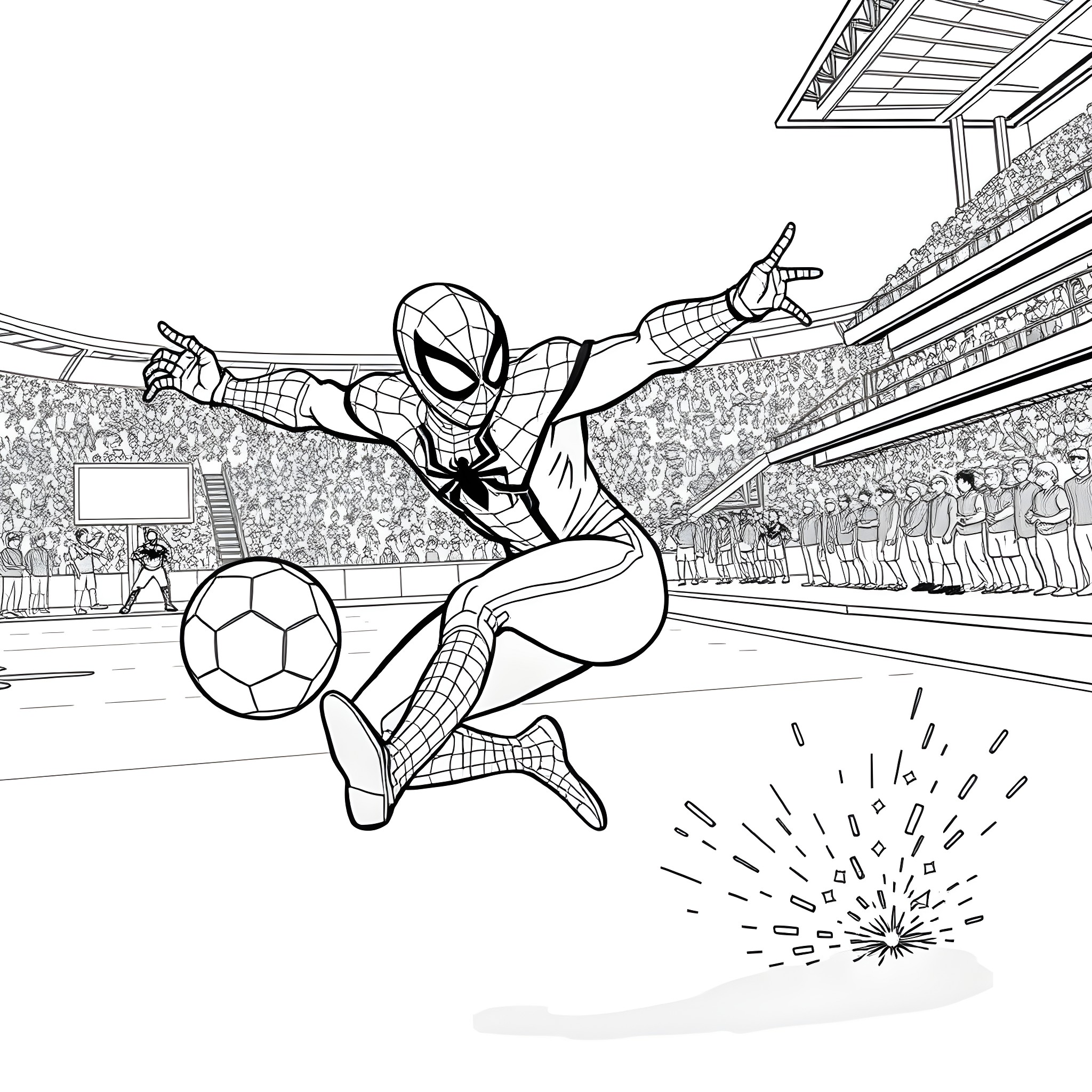 Spiderman playing soccer in a stadium Coloring Page (free black-and-white line drawing printable PDF for all, from beginners to advanced learners, including children, teens, adults, and seniors)
