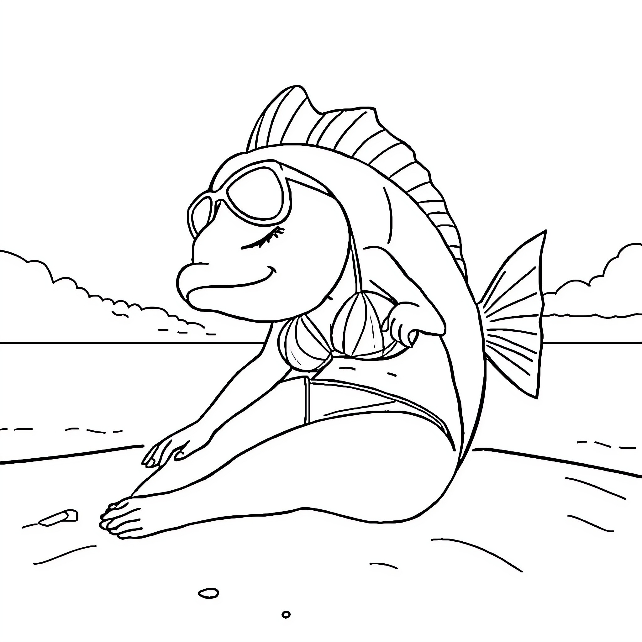 Fish relaxing on the beach Coloring Page (free black-and-white line drawing printable PDF for all, from beginners to advanced learners, including children, teens, adults, and seniors)