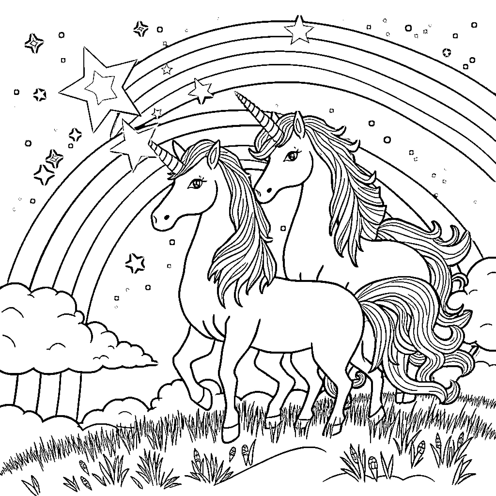 Unicorns dancing under a starry night sky Coloring Page (free black-and-white line drawing printable PDF for all, from beginners to advanced learners, including children, teens, adults, and seniors)