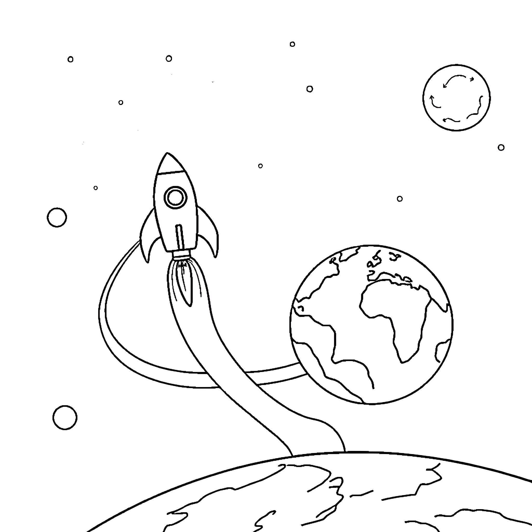 Rocket Ship launching towards the Earth Coloring Page (free black-and-white line drawing printable PDF for all, from beginners to advanced learners, including children, teens, adults, and seniors)