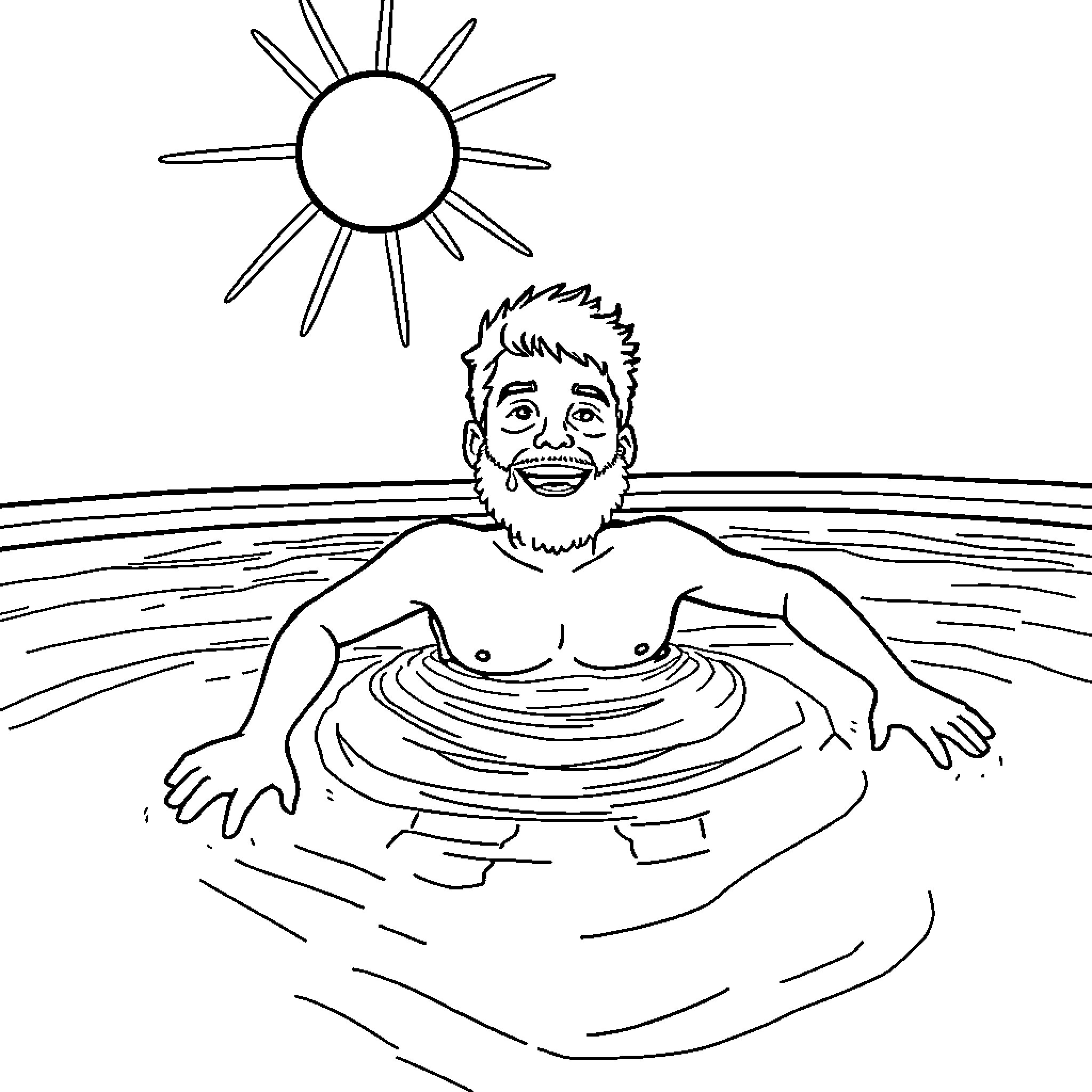 Dude relaxing in the sunny pool Coloring Page (free black-and-white line drawing printable PDF for all, from beginners to advanced learners, including children, teens, adults, and seniors)