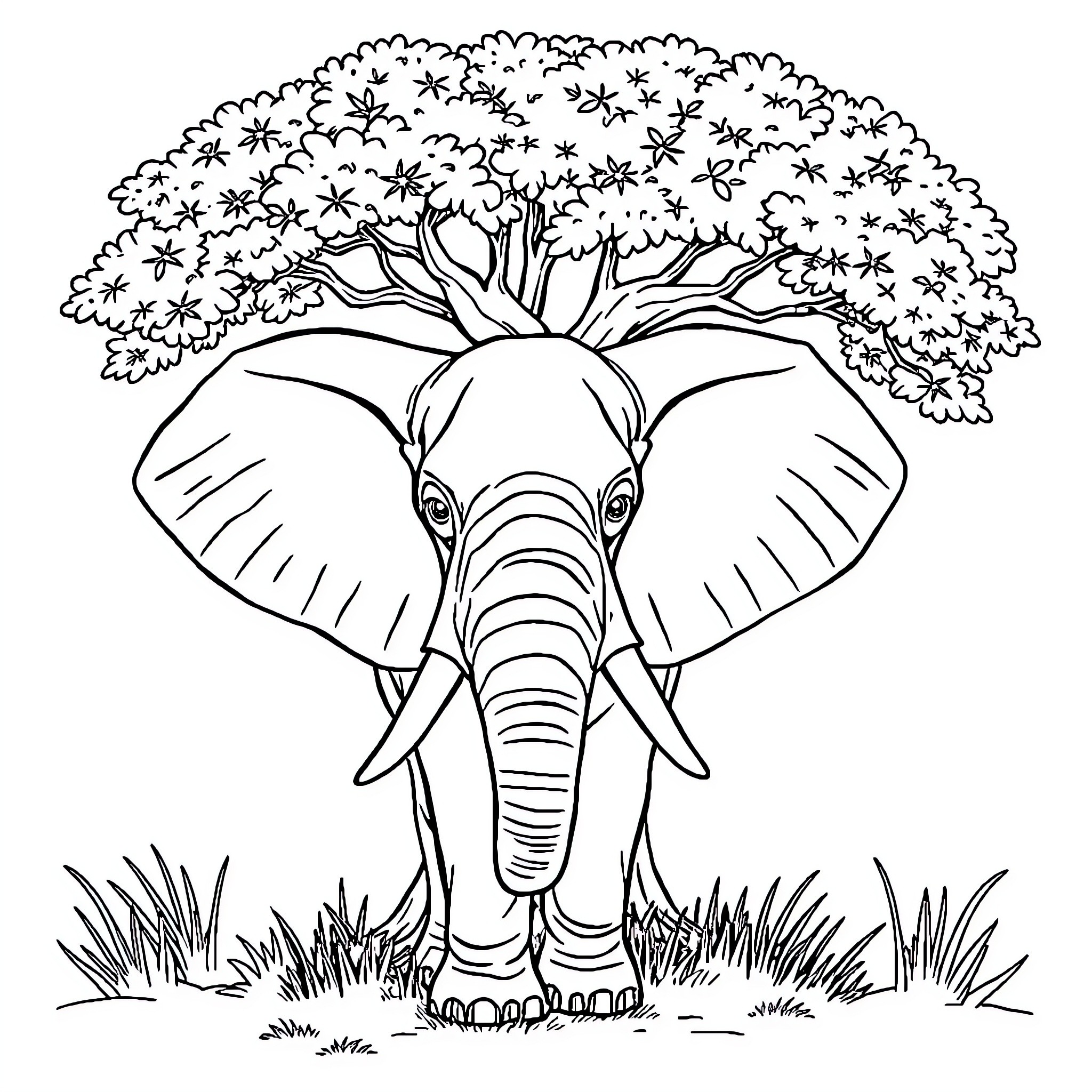 Elephant under the Blooming Tree Coloring Page (free black-and-white line drawing printable PDF for all, from beginners to advanced learners, including children, teens, adults, and seniors)