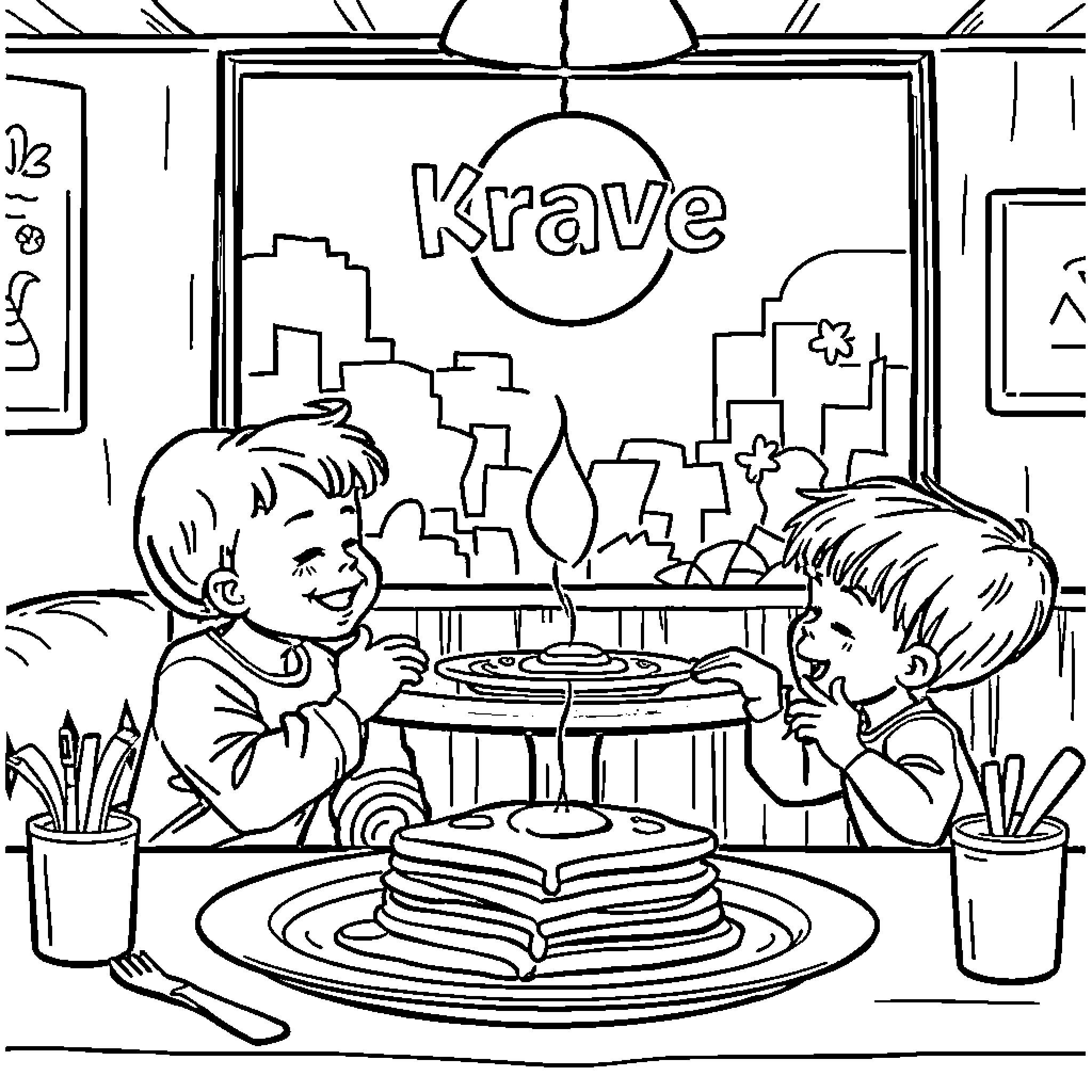 Kids Enjoying a Krave-Themed Meal Coloring Page (free black-and-white line drawing printable PDF for all, from beginners to advanced learners, including children, teens, adults, and seniors)