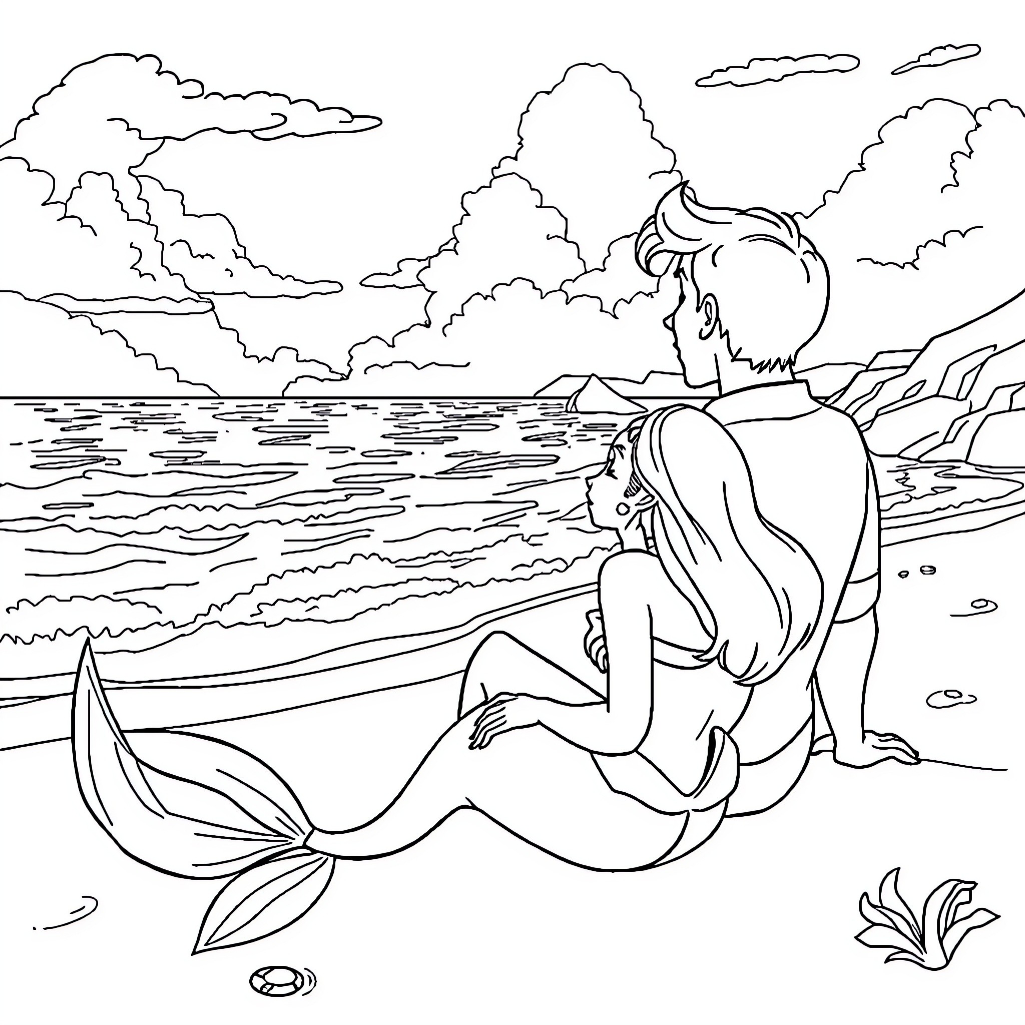 Ariel enjoying the ocean scenery Coloring Page (free black-and-white line drawing printable PDF for all, from beginners to advanced learners, including children, teens, adults, and seniors)