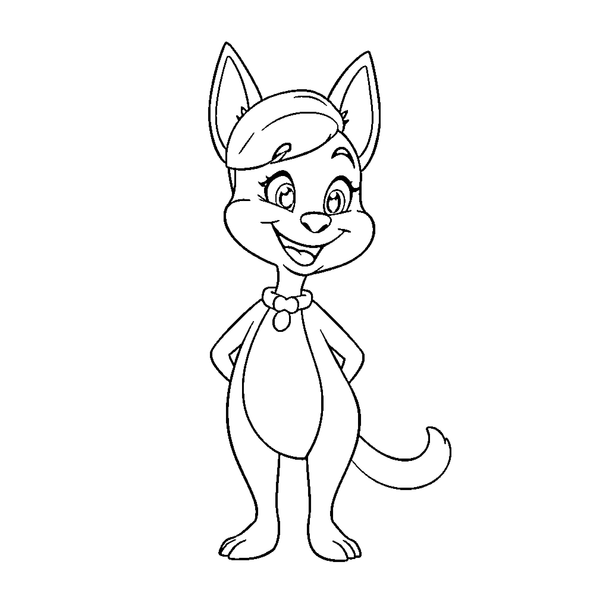 Bella the cheerful cartoon dog Coloring Page (free black-and-white line drawing printable PDF for all, from beginners to advanced learners, including children, teens, adults, and seniors)