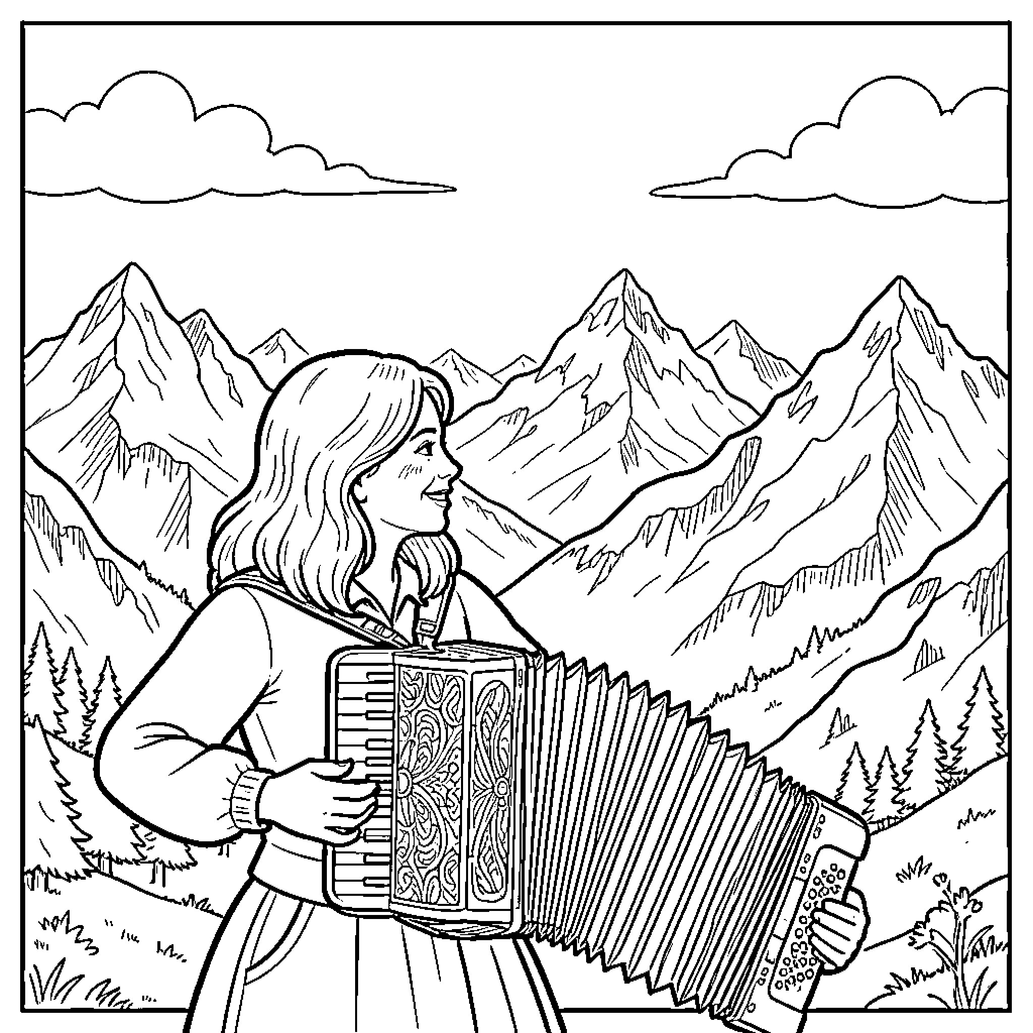 Mujer tocando acordeón en un paisaje montañoso Coloring Page (free black-and-white line drawing printable PDF for all, from beginners to advanced learners, including children, teens, adults, and seniors)