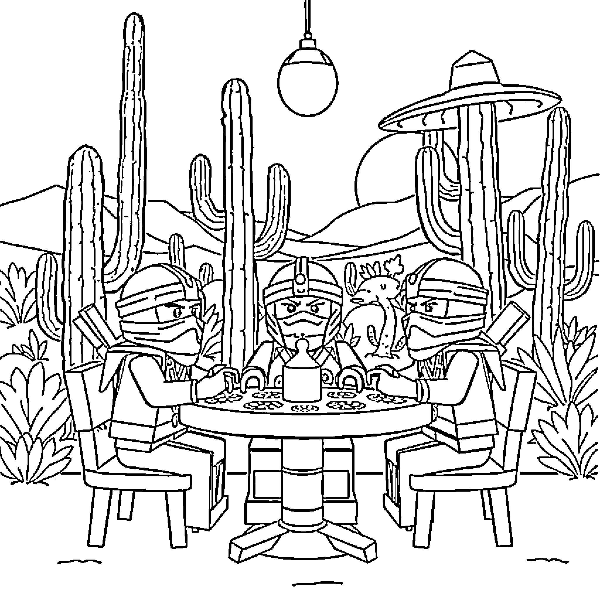 Character Ninjas Enjoying Meal in Desert Landscape Coloring Page (free black-and-white line drawing printable PDF for all, from beginners to advanced learners, including children, teens, adults, and seniors)