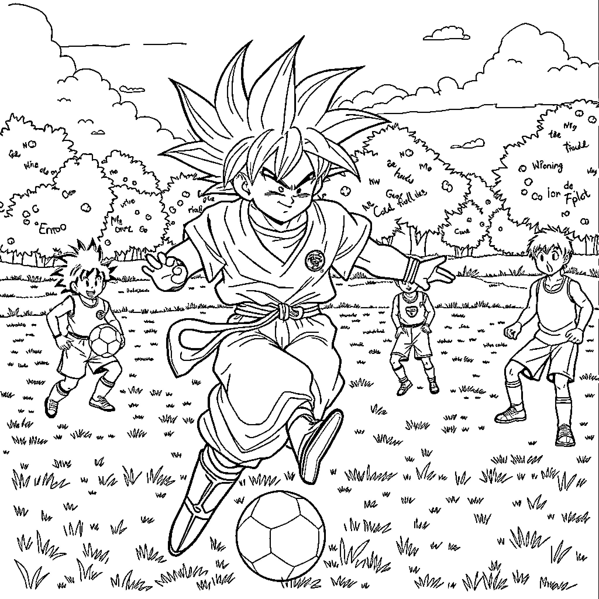 Goku playing soccer with friends in the countryside Coloring Page (free black-and-white line drawing printable PDF for all, from beginners to advanced learners, including children, teens, adults, and seniors)