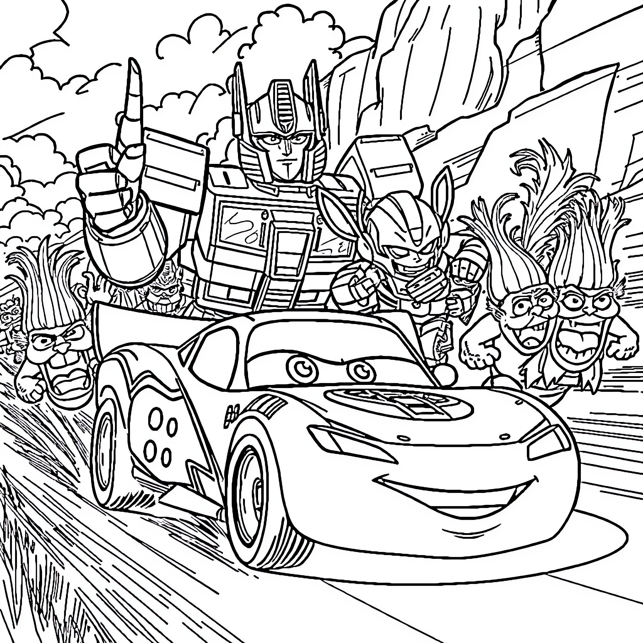 Optimus Prime and Lightning McQueen in an epic adventure Coloring Page (free black-and-white line drawing printable PDF for all, from beginners to advanced learners, including children, teens, adults, and seniors)