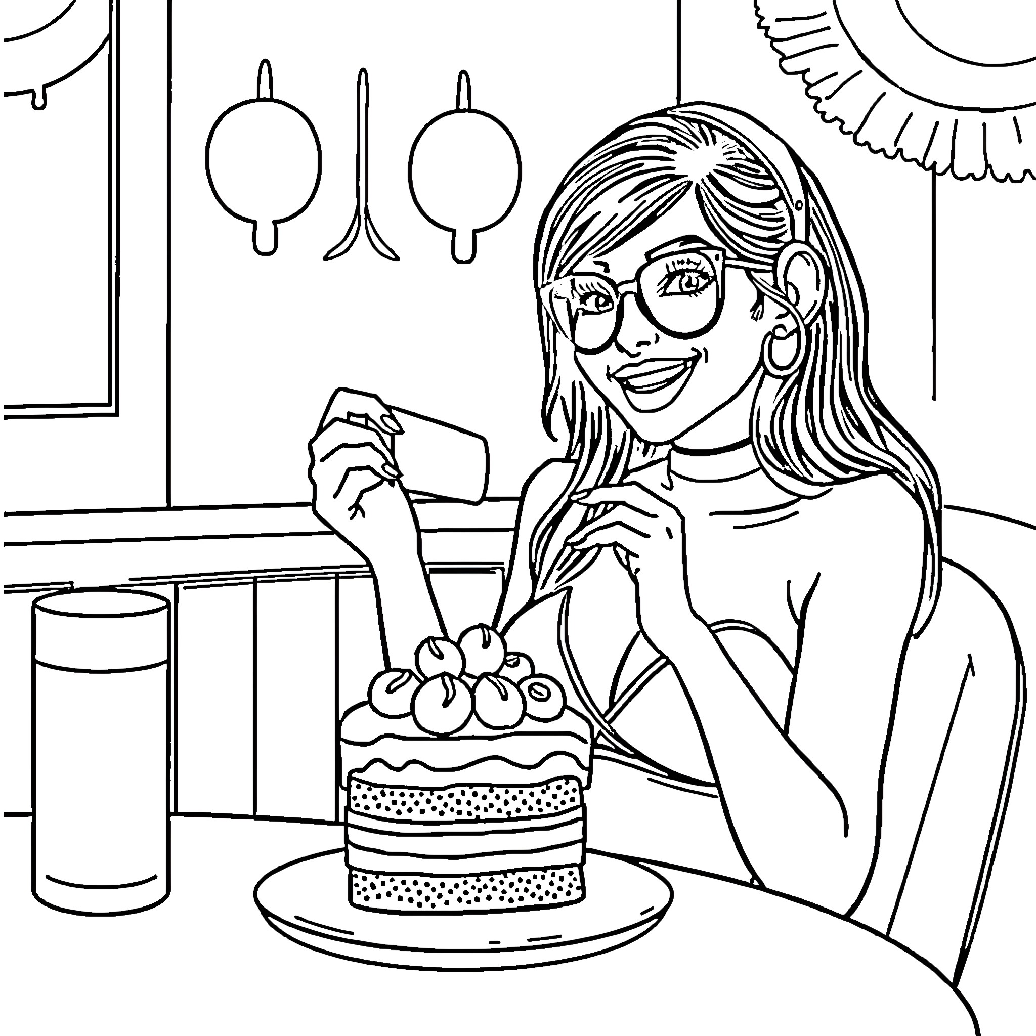 Mia Khalifa enjoying a delicious cake in the kitchen Coloring Page (free black-and-white line drawing printable PDF for all, from beginners to advanced learners, including children, teens, adults, and seniors)