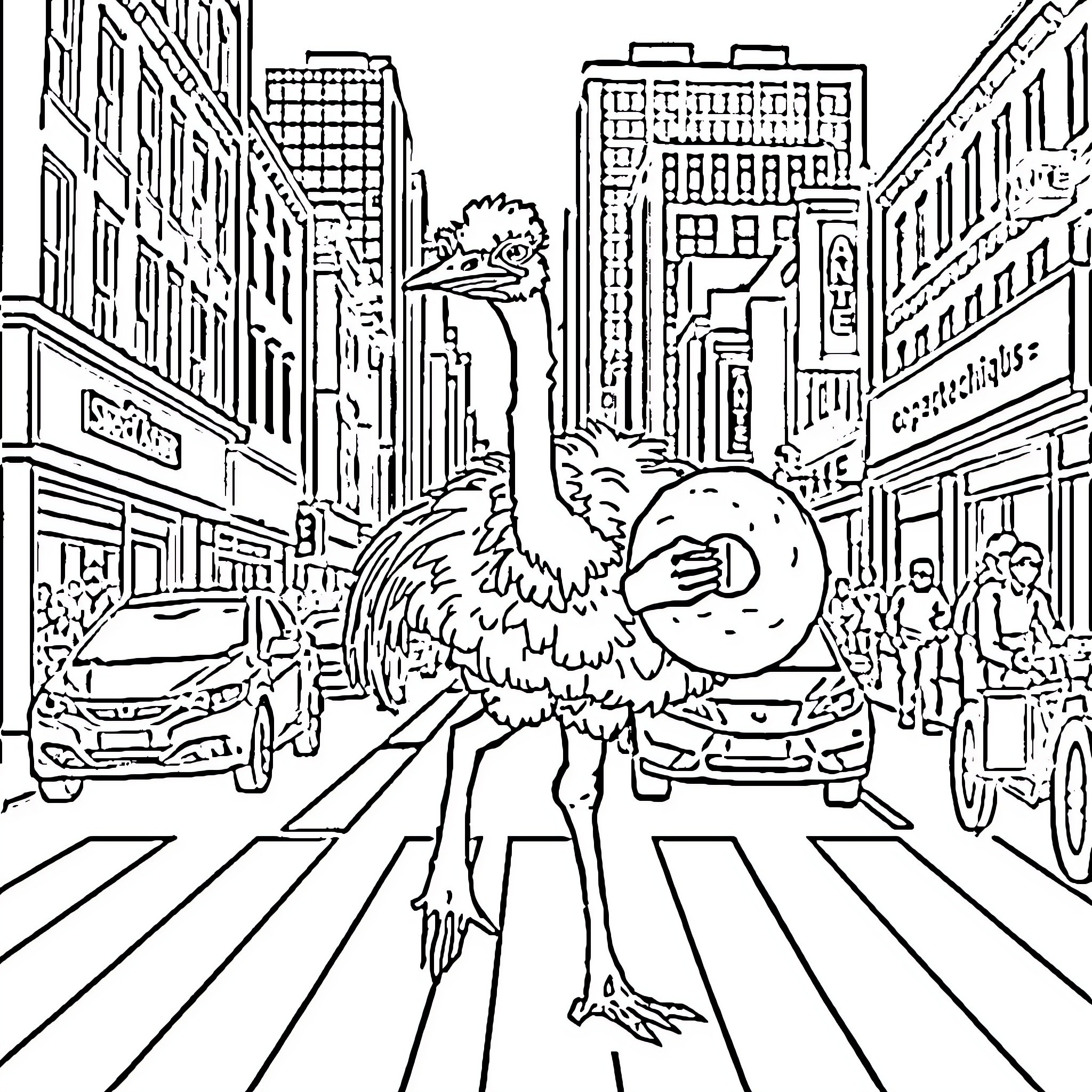Ostrich crossing busy city street Coloring Page (free black-and-white line drawing printable PDF for all, from beginners to advanced learners, including children, teens, adults, and seniors)