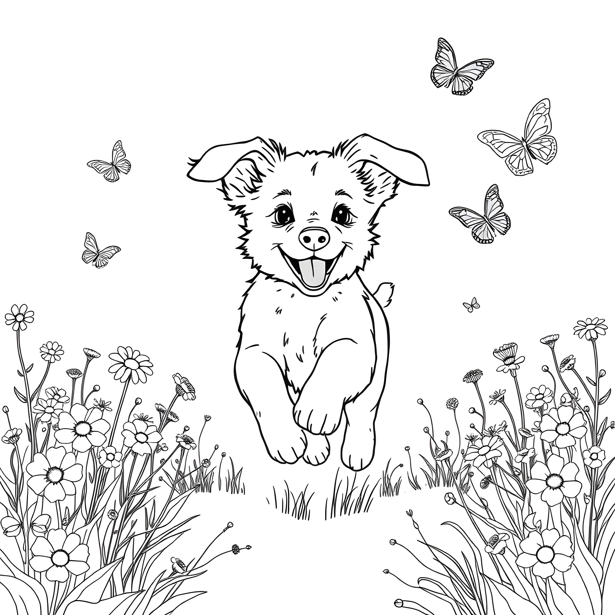 Puppy playing happily in a floral meadow Coloring Page (free black-and-white line drawing printable PDF for all, from beginners to advanced learners, including children, teens, adults, and seniors)