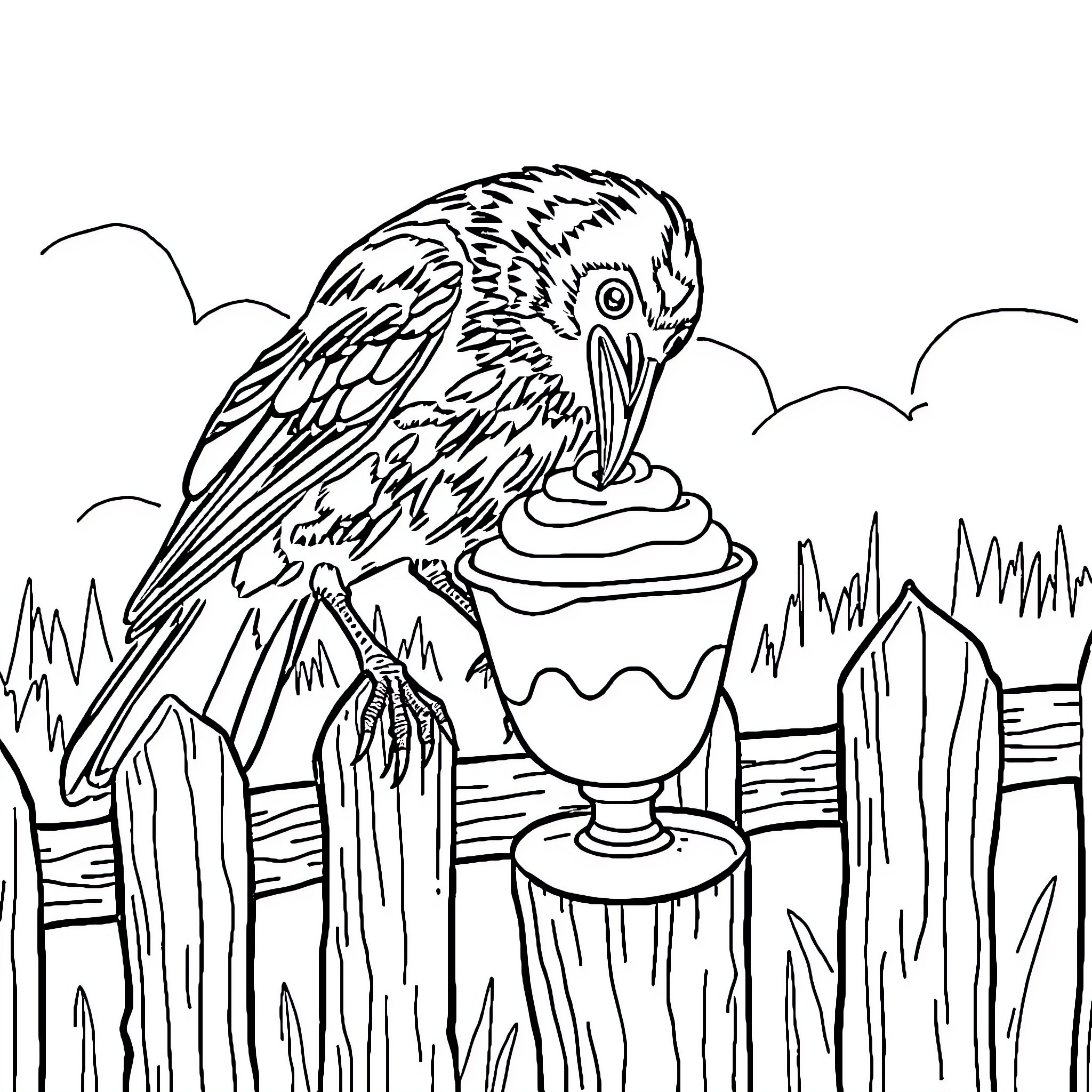 Crow Perched on Ornamental Cup in Backyard Coloring Page (free black-and-white line drawing printable PDF for all, from beginners to advanced learners, including children, teens, adults, and seniors)