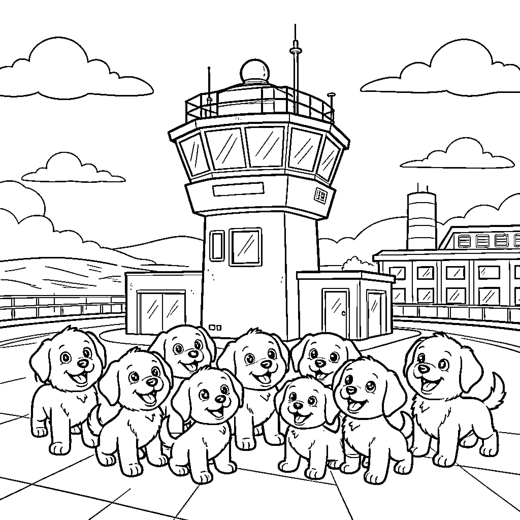Patrol Tower with Cheerful Puppies in the Foreground Coloring Page (free black-and-white line drawing printable PDF for all, from beginners to advanced learners, including children, teens, adults, and seniors)