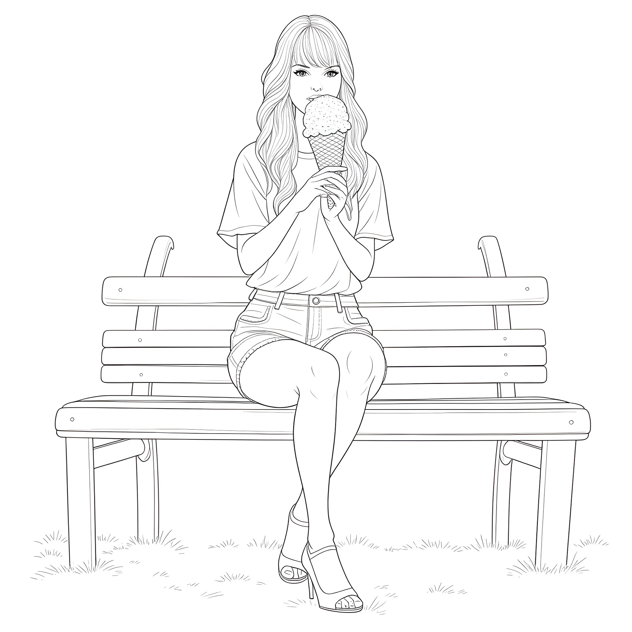 Taylor Swift enjoying an ice cream on a park bench Coloring Page (free black-and-white line drawing printable PDF for all, from beginners to advanced learners, including children, teens, adults, and seniors)