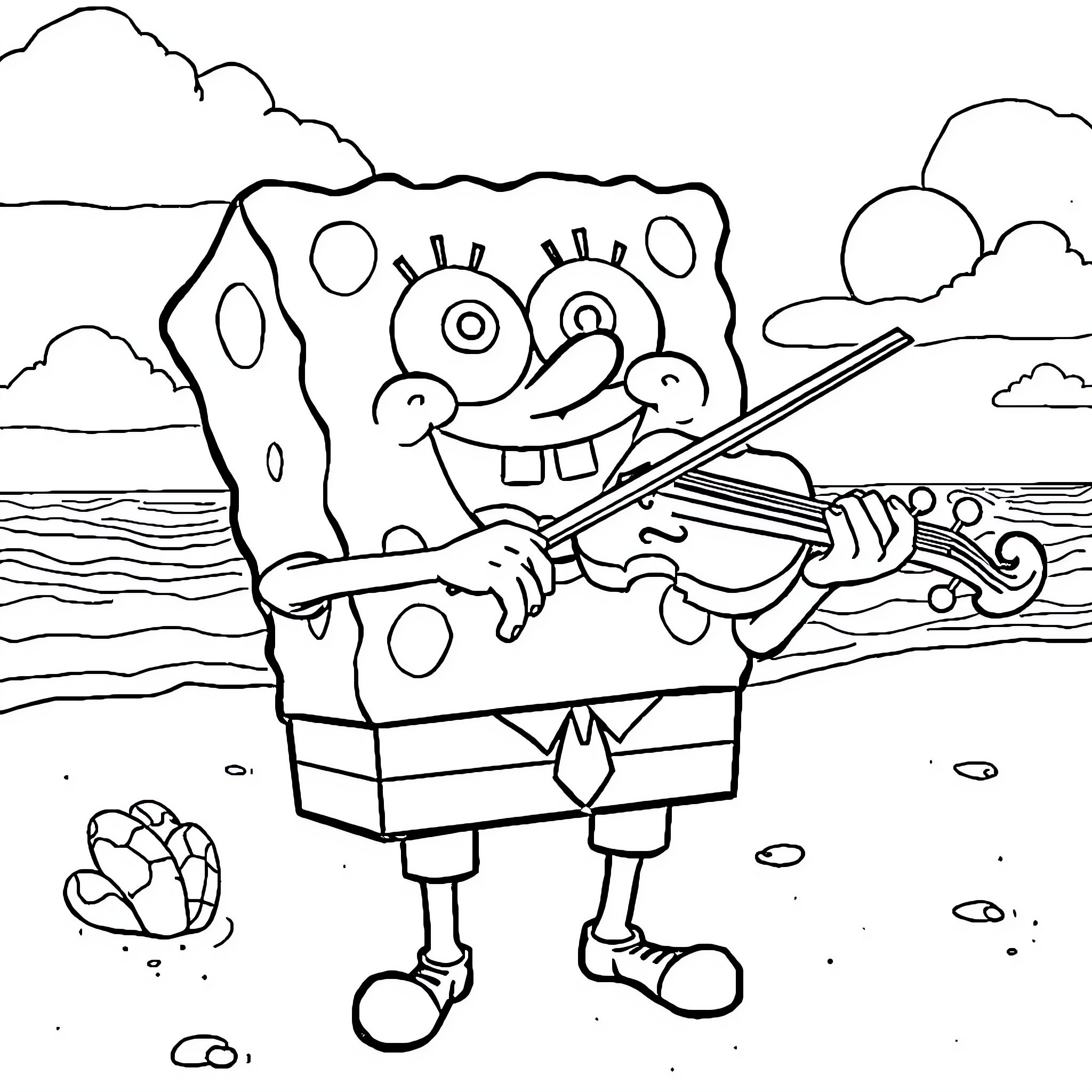 Spongebob playing the violin on the beach Coloring Page (free black-and-white line drawing printable PDF for all, from beginners to advanced learners, including children, teens, adults, and seniors)