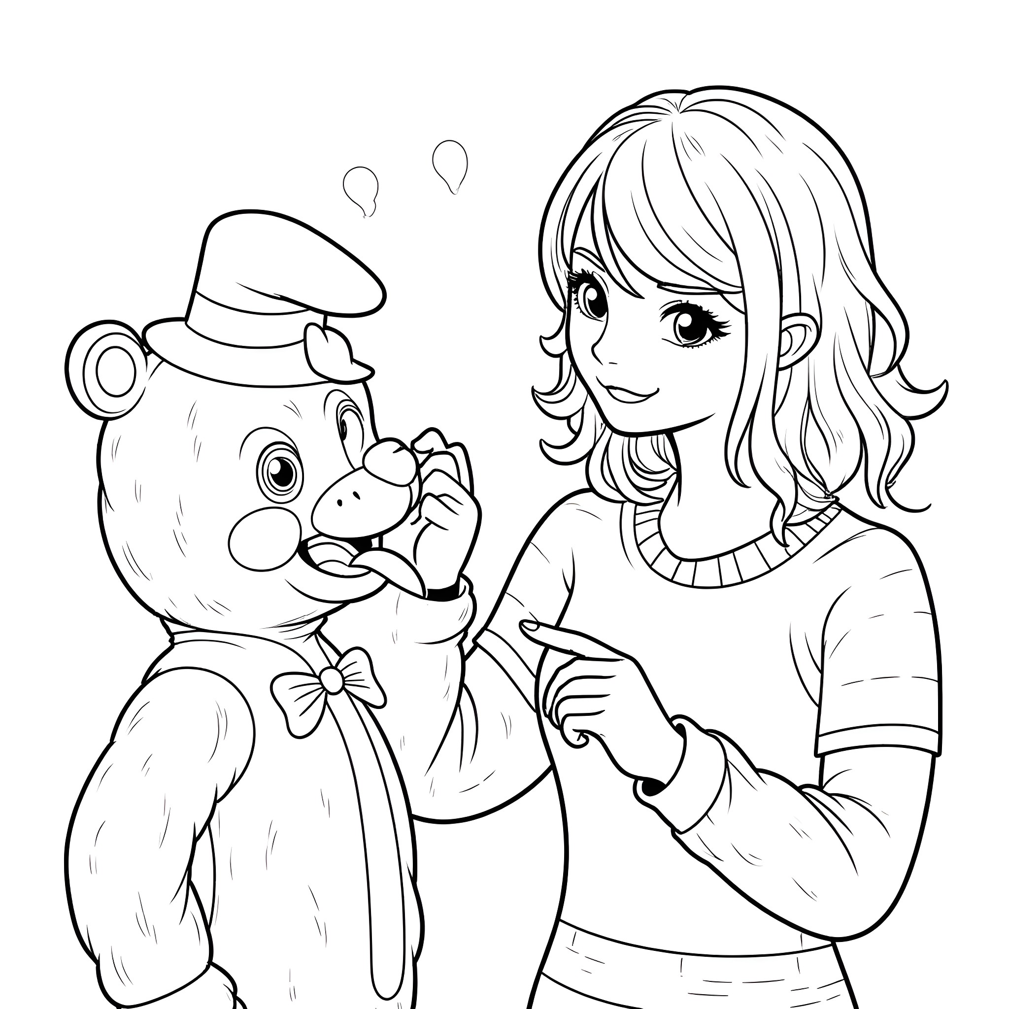 Taylor Swift playing with a cute stuffed animal Coloring Page (free black-and-white line drawing printable PDF for all, from beginners to advanced learners, including children, teens, adults, and seniors)