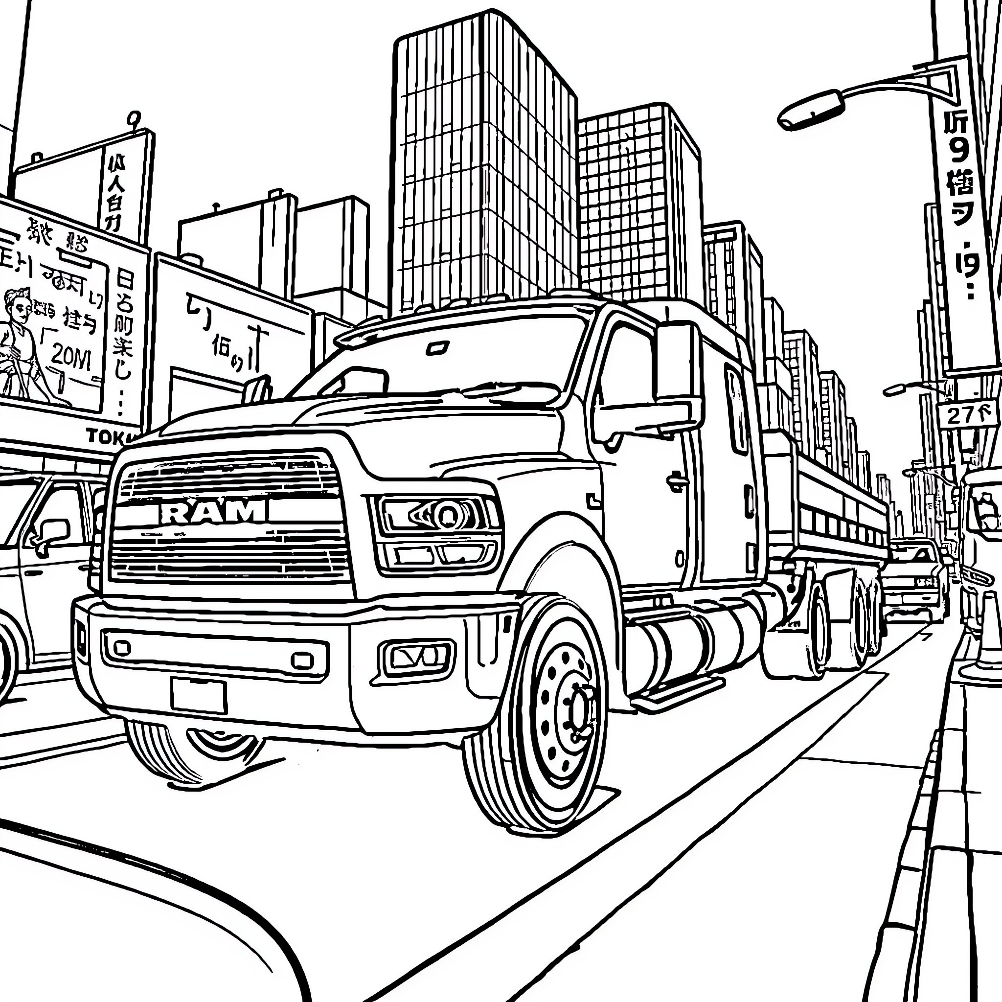 Ram truck navigating urban city landscape Coloring Page (free black-and-white line drawing printable PDF for all, from beginners to advanced learners, including children, teens, adults, and seniors)