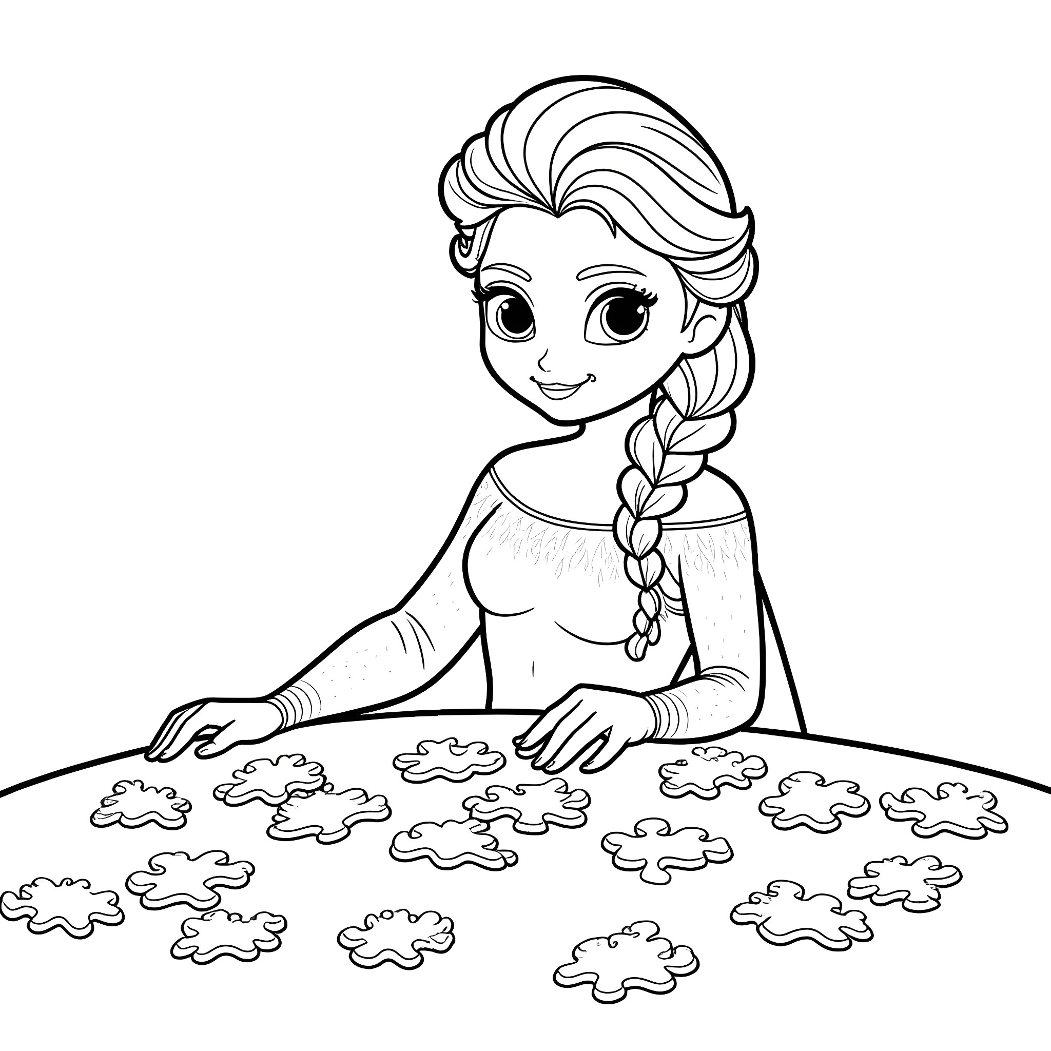 Elsa spreading snowflakes Coloring Page (free black-and-white line drawing printable PDF for all, from beginners to advanced learners, including children, teens, adults, and seniors)