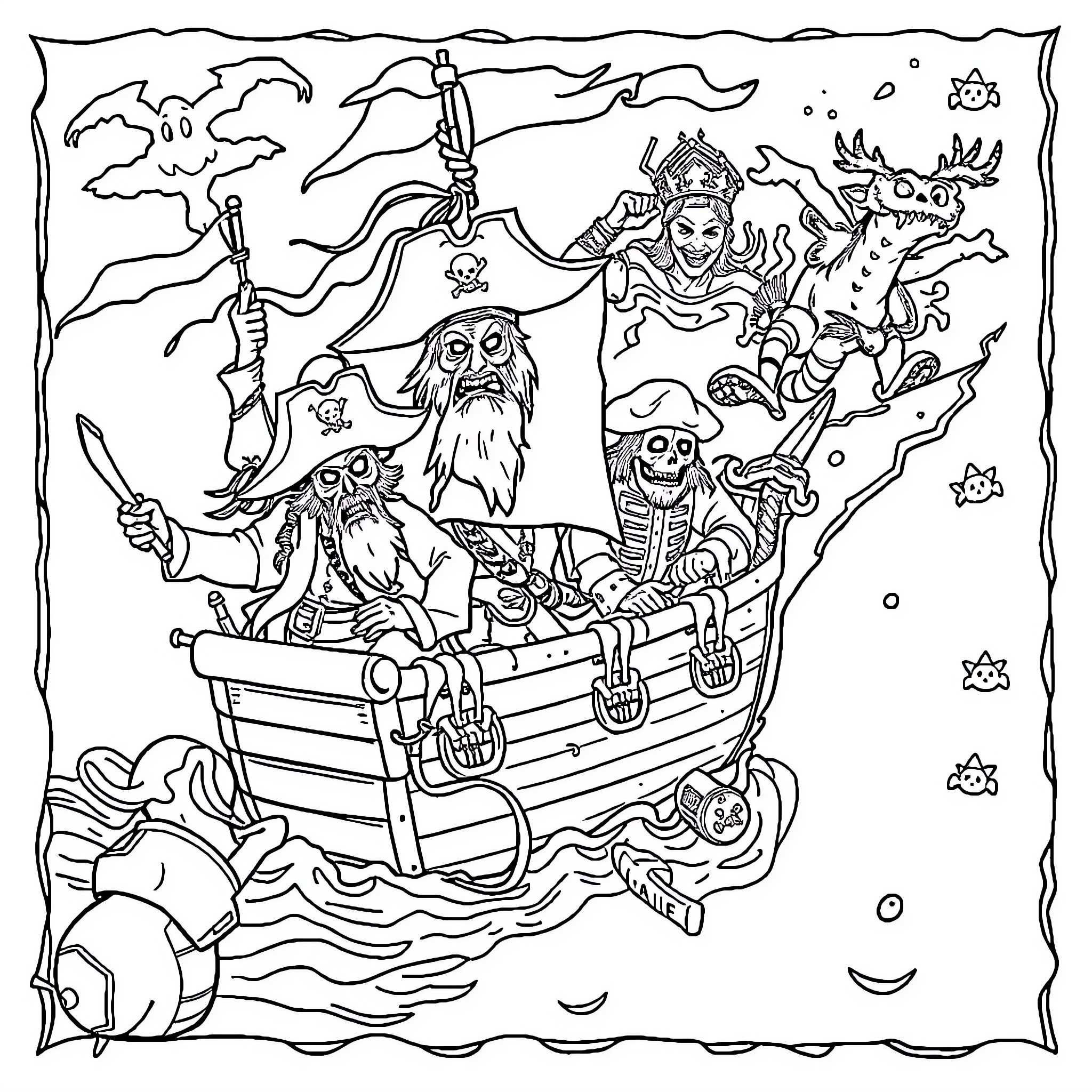 Treasure Map: Pirates on a Stormy Voyage Coloring Page (free black-and-white line drawing printable PDF for all, from beginners to advanced learners, including children, teens, adults, and seniors)
