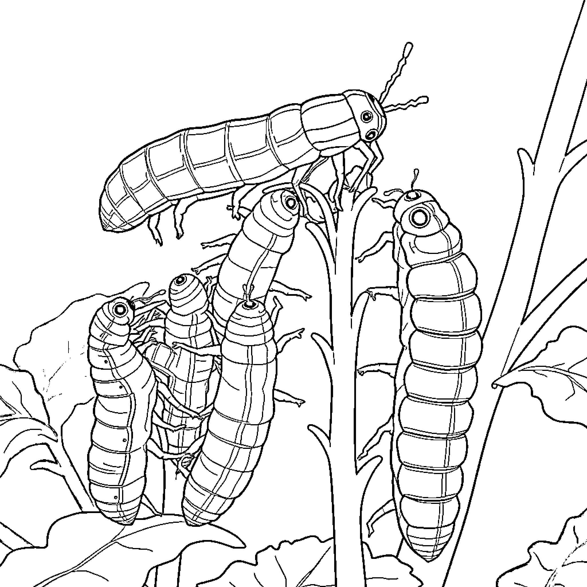 Insect Larvae in a Natural Setting Coloring Page (free black-and-white line drawing printable PDF for all, from beginners to advanced learners, including children, teens, adults, and seniors)