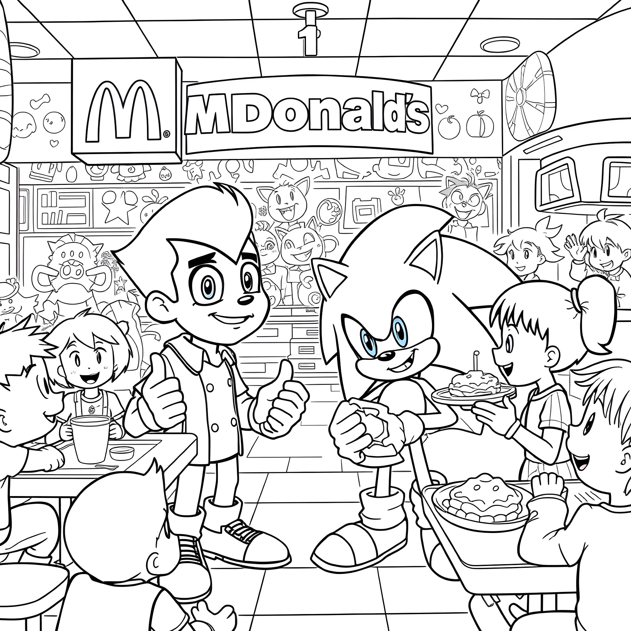 Ben 10 characters visit McDonald's with friends Coloring Page (free black-and-white line drawing printable PDF for all, from beginners to advanced learners, including children, teens, adults, and seniors)