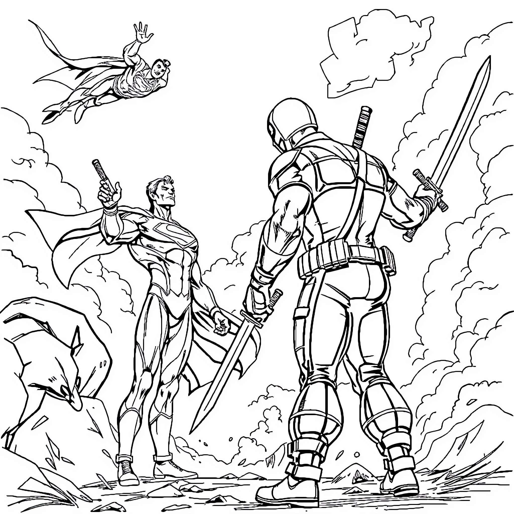 Superman heroic characters in action poses Coloring Page (free black-and-white line drawing printable PDF for all, from beginners to advanced learners, including children, teens, adults, and seniors)