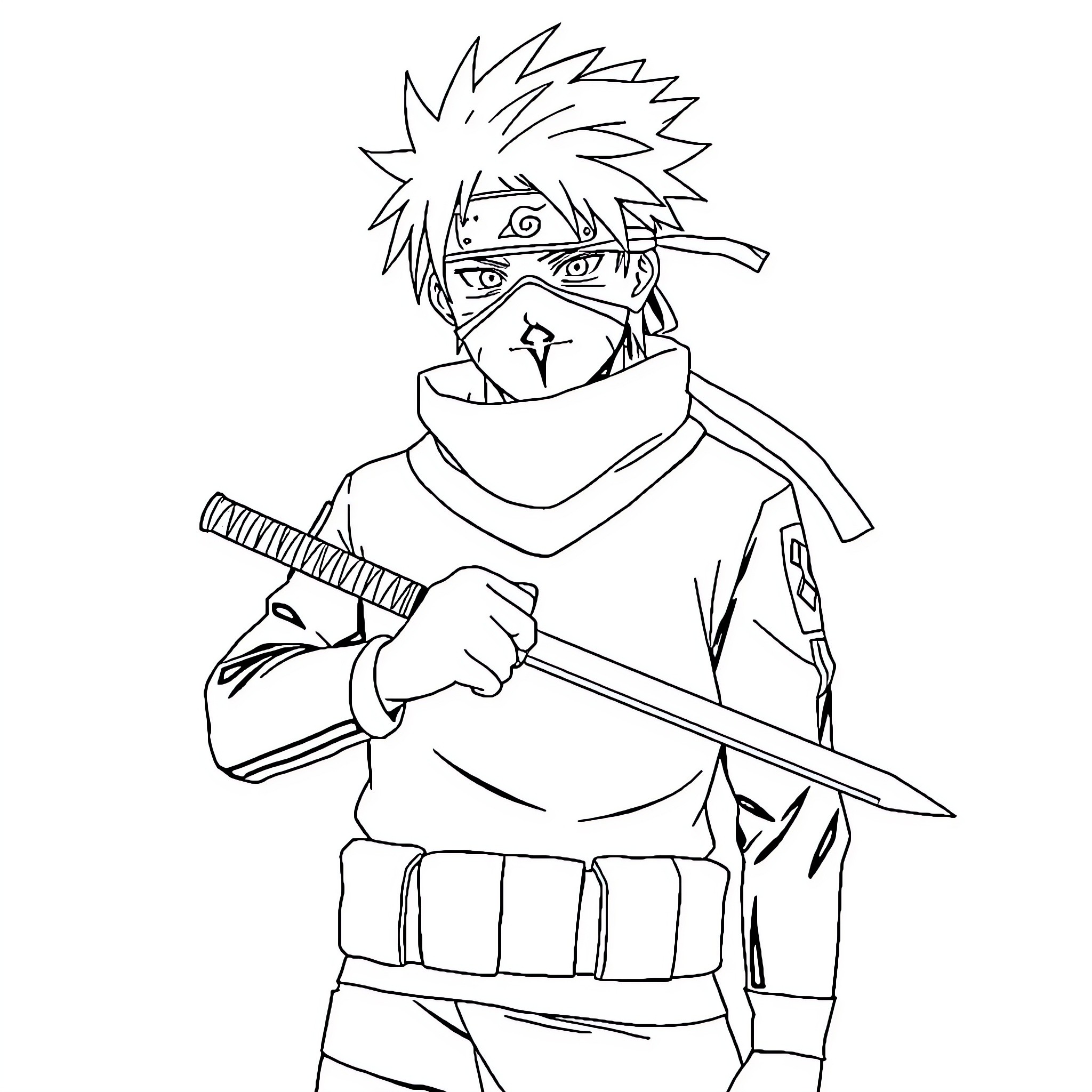 Kakashi as a skilled ninja in action Coloring Page (free black-and-white line drawing printable PDF for all, from beginners to advanced learners, including children, teens, adults, and seniors)