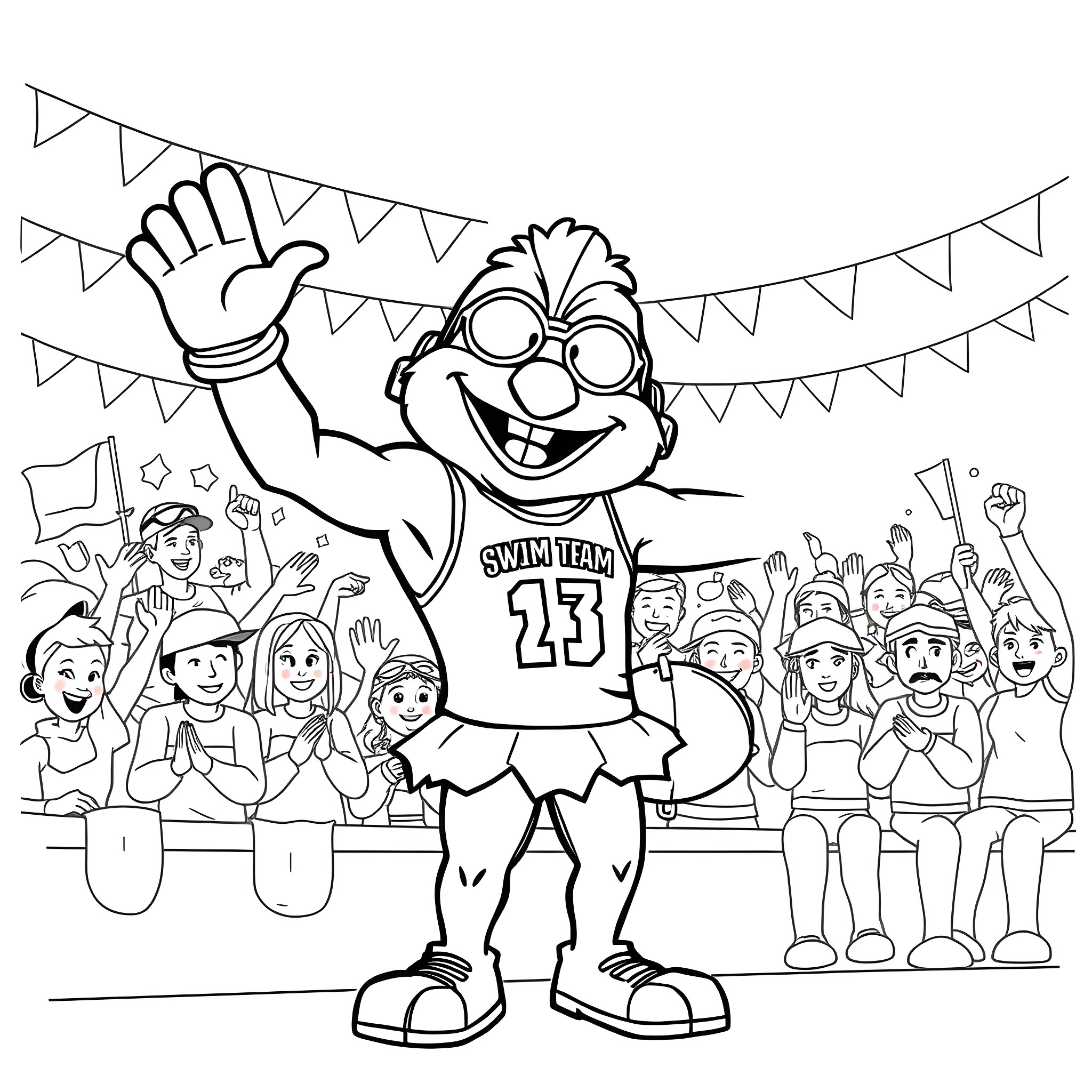 Mascot celebrating with cheering crowd at sports event Coloring Page (free black-and-white line drawing printable PDF for all, from beginners to advanced learners, including children, teens, adults, and seniors)