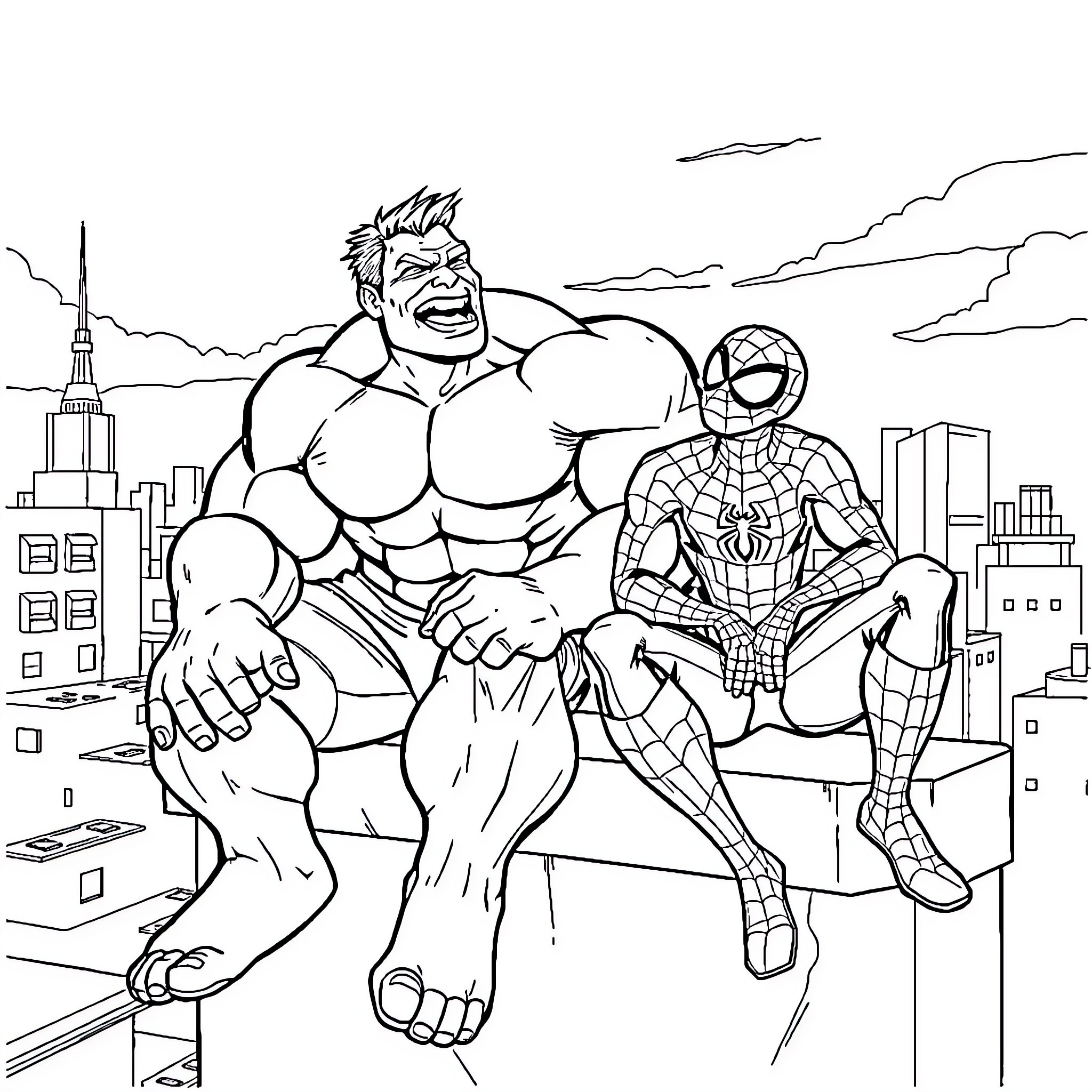 Hulk and Spider-Man battle together in the city Coloring Page (free black-and-white line drawing printable PDF for all, from beginners to advanced learners, including children, teens, adults, and seniors)