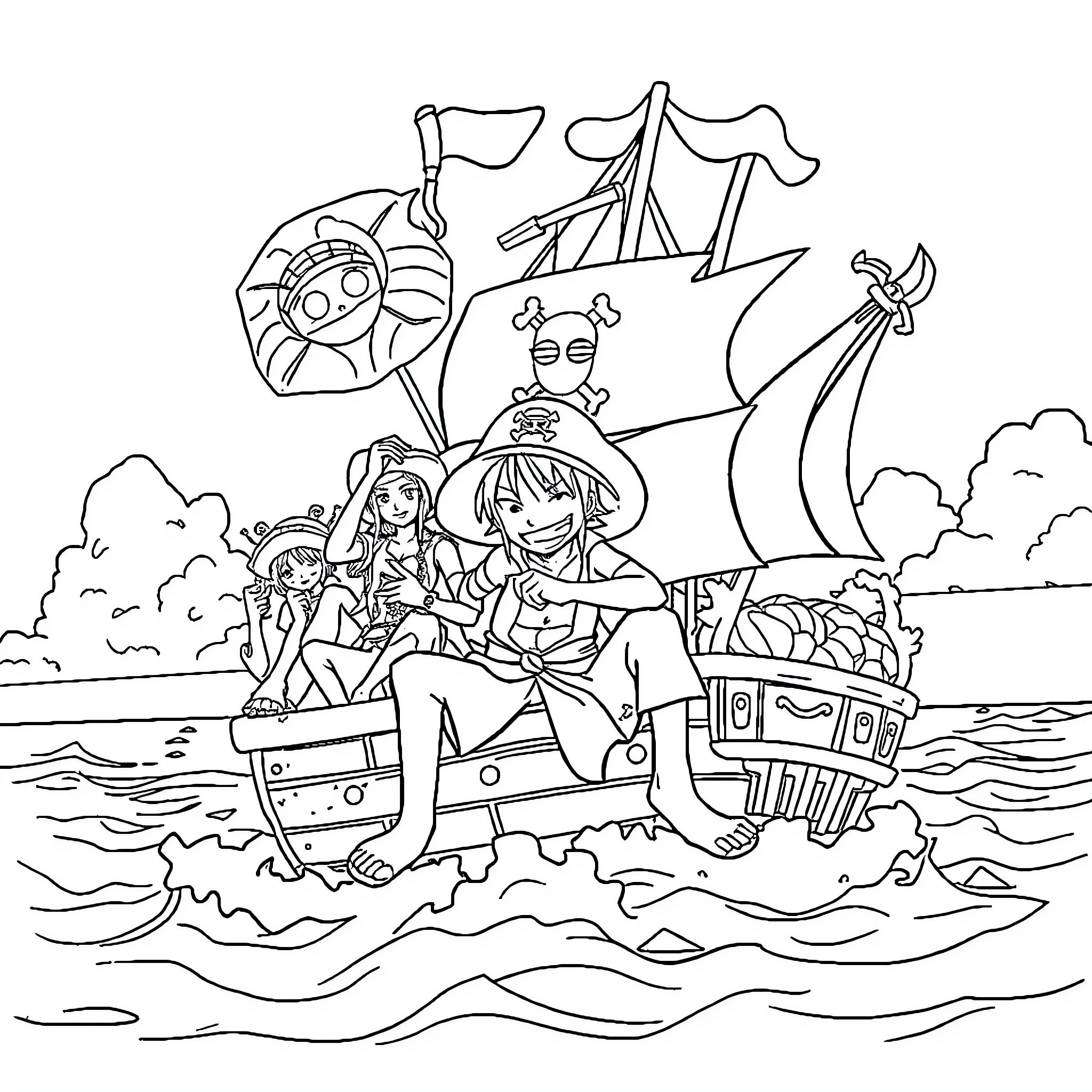 One Piece: Pirate Crew on Adventurous Voyage Coloring Page (free black-and-white line drawing printable PDF for all, from beginners to advanced learners, including children, teens, adults, and seniors)
