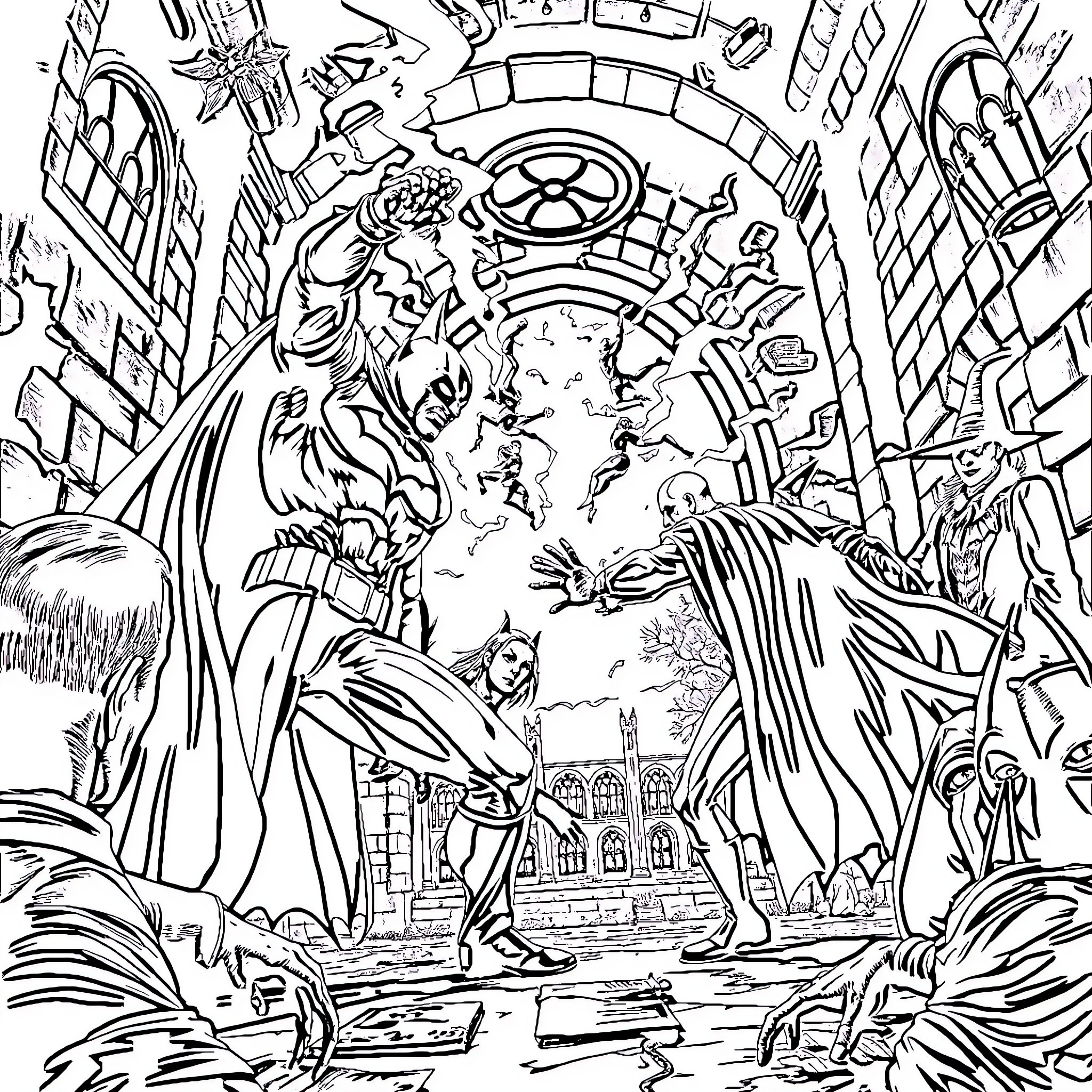 Batman Heroically Confronting Villains in an Epic Cityscape Coloring Page (free black-and-white line drawing printable PDF for all, from beginners to advanced learners, including children, teens, adults, and seniors)