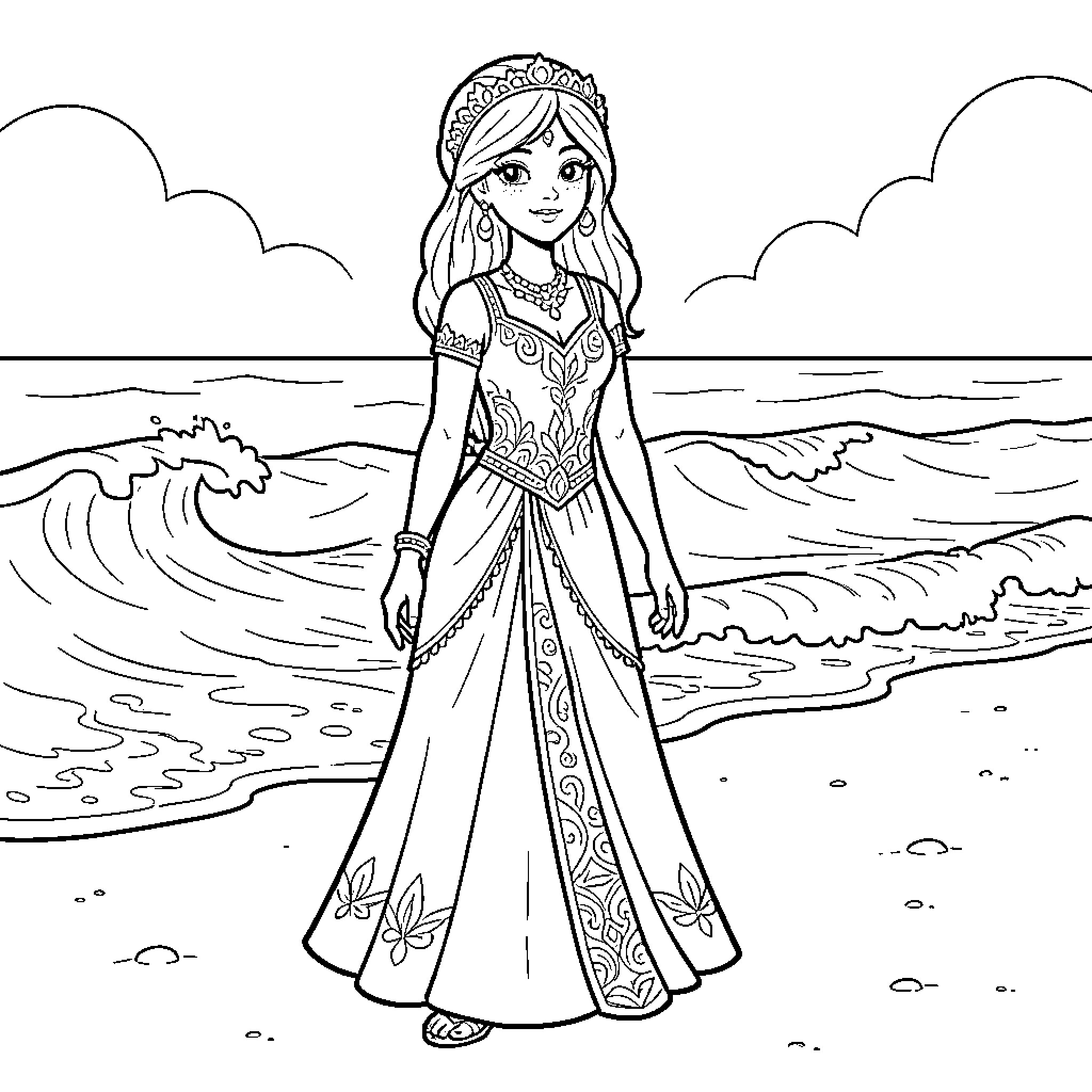 Princess Jasmine standing gracefully on a sandy beach Coloring Page (free black-and-white line drawing printable PDF for all, from beginners to advanced learners, including children, teens, adults, and seniors)
