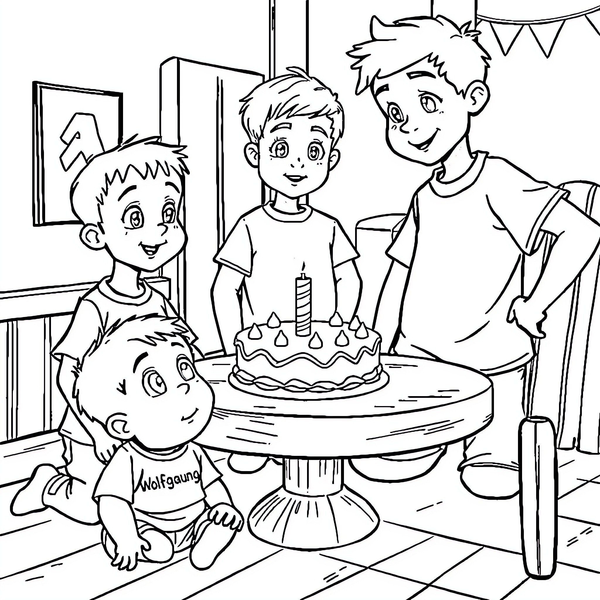 Boy's Birthday Celebration with Friends Coloring Page (free black-and-white line drawing printable PDF for all, from beginners to advanced learners, including children, teens, adults, and seniors)