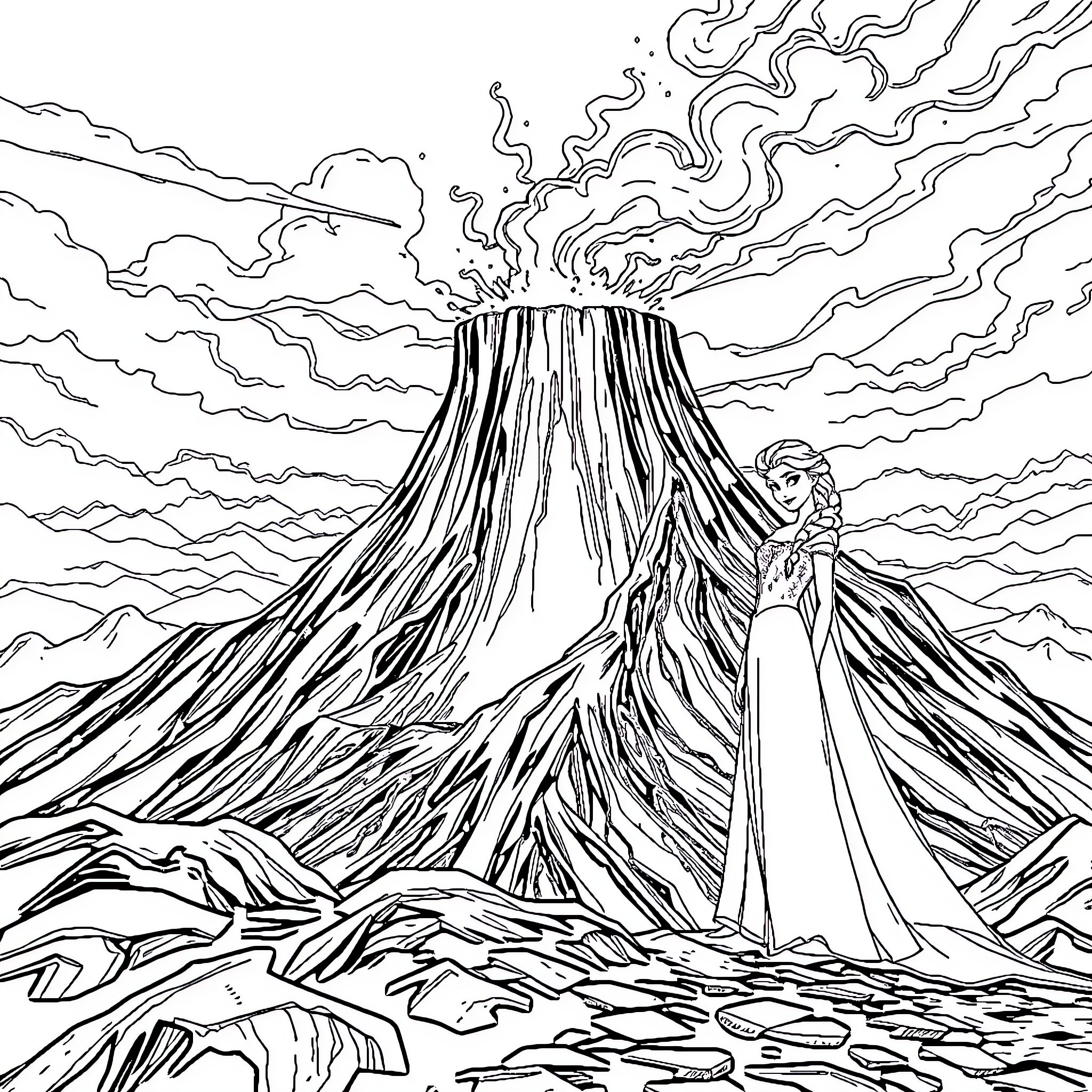 Elsa's Mystical Journey Amidst Volcanic Splendor Coloring Page (free black-and-white line drawing printable PDF for all, from beginners to advanced learners, including children, teens, adults, and seniors)