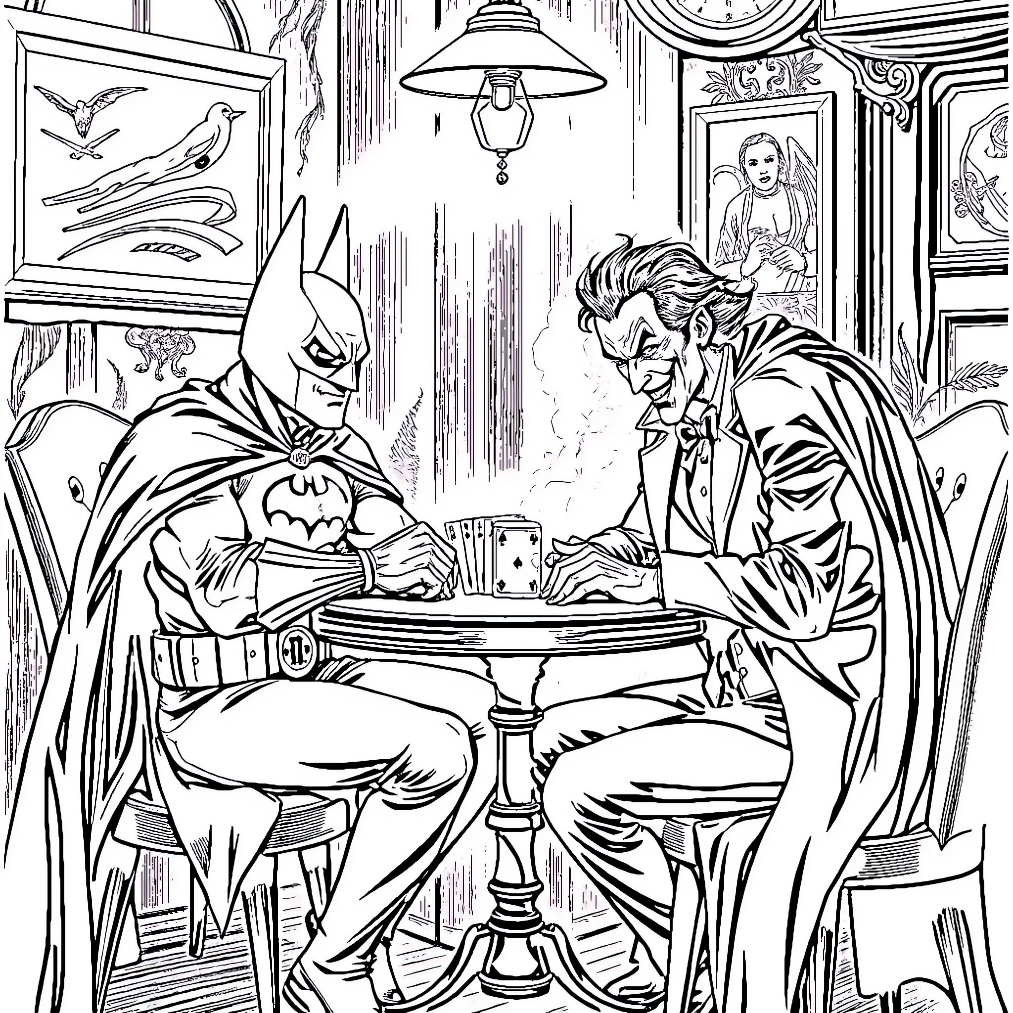Batman and Joker playing cards in a dark room Coloring Page (free black-and-white line drawing printable PDF for all, from beginners to advanced learners, including children, teens, adults, and seniors)