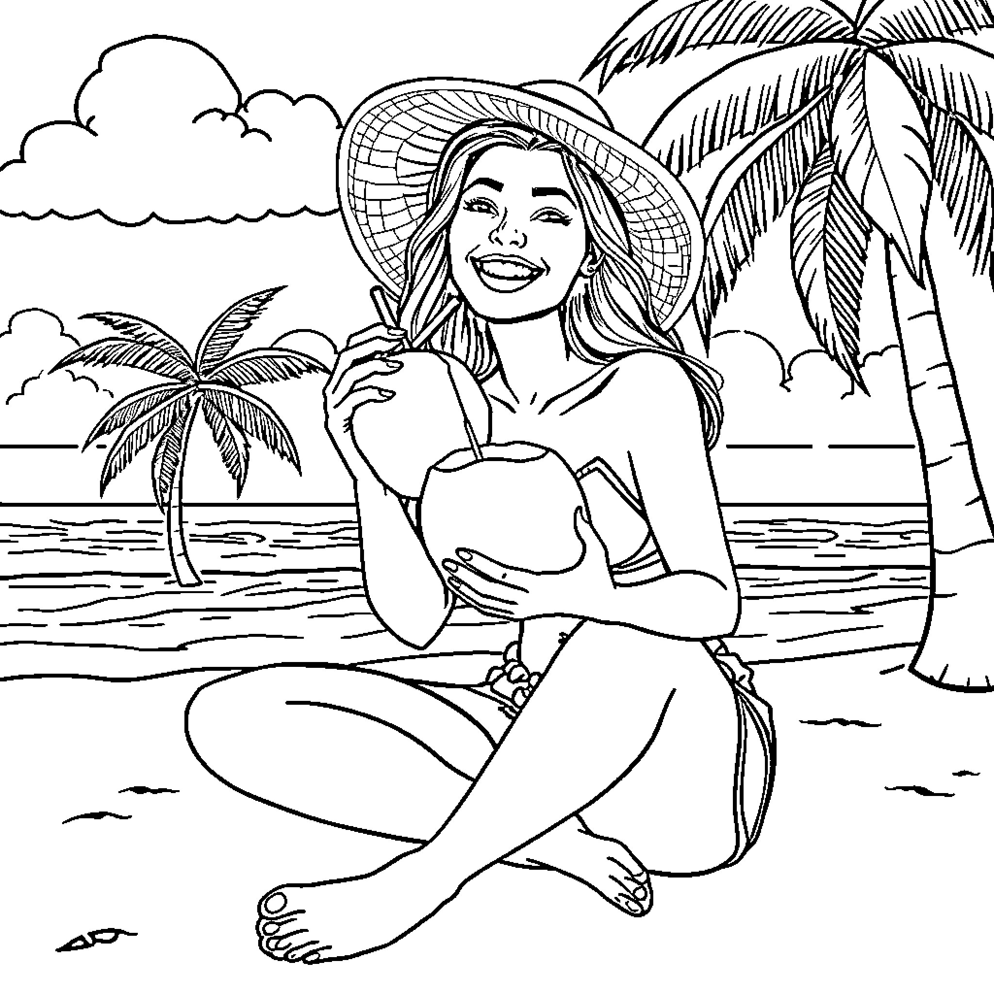 Lady Enjoying Tropical Beach Vacation Coloring Page (free black-and-white line drawing printable PDF for all, from beginners to advanced learners, including children, teens, adults, and seniors)