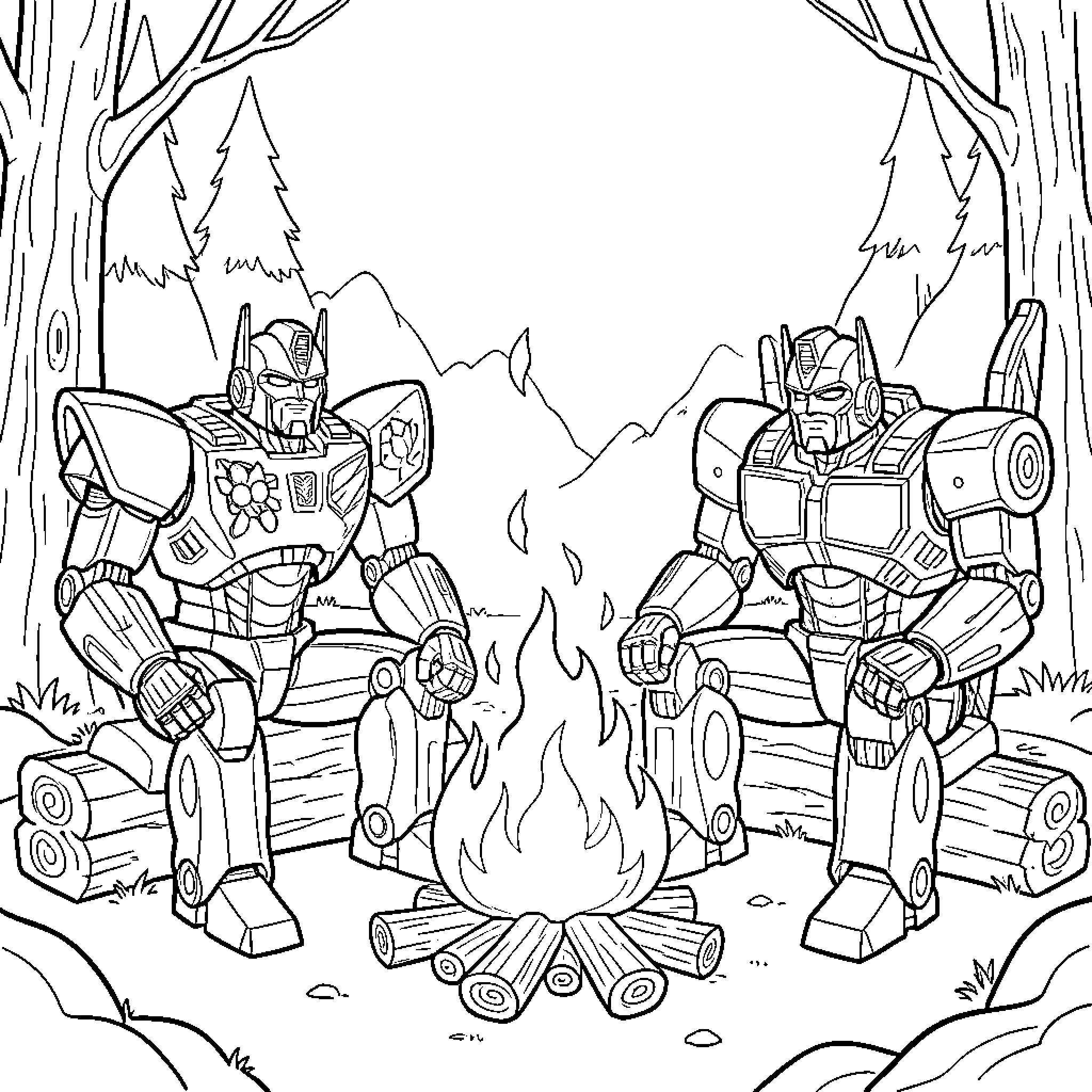 Transformer robots engaged in a forest campfire Coloring Page (free black-and-white line drawing printable PDF for all, from beginners to advanced learners, including children, teens, adults, and seniors)
