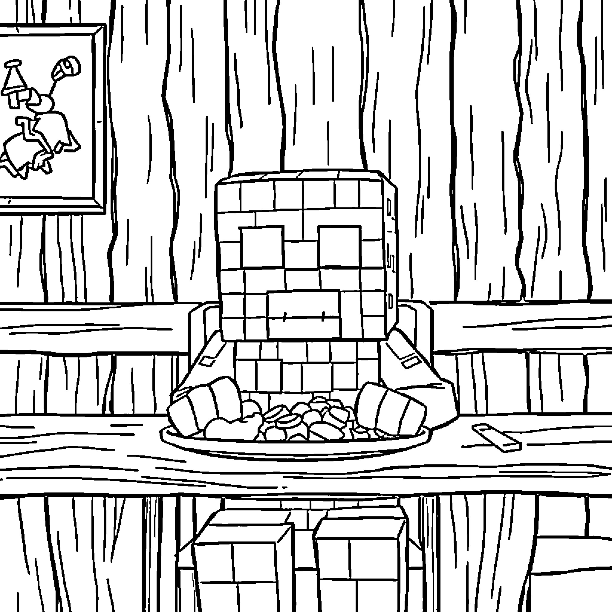 Creeper relaxing by the fireplace Coloring Page (free black-and-white line drawing printable PDF for all, from beginners to advanced learners, including children, teens, adults, and seniors)