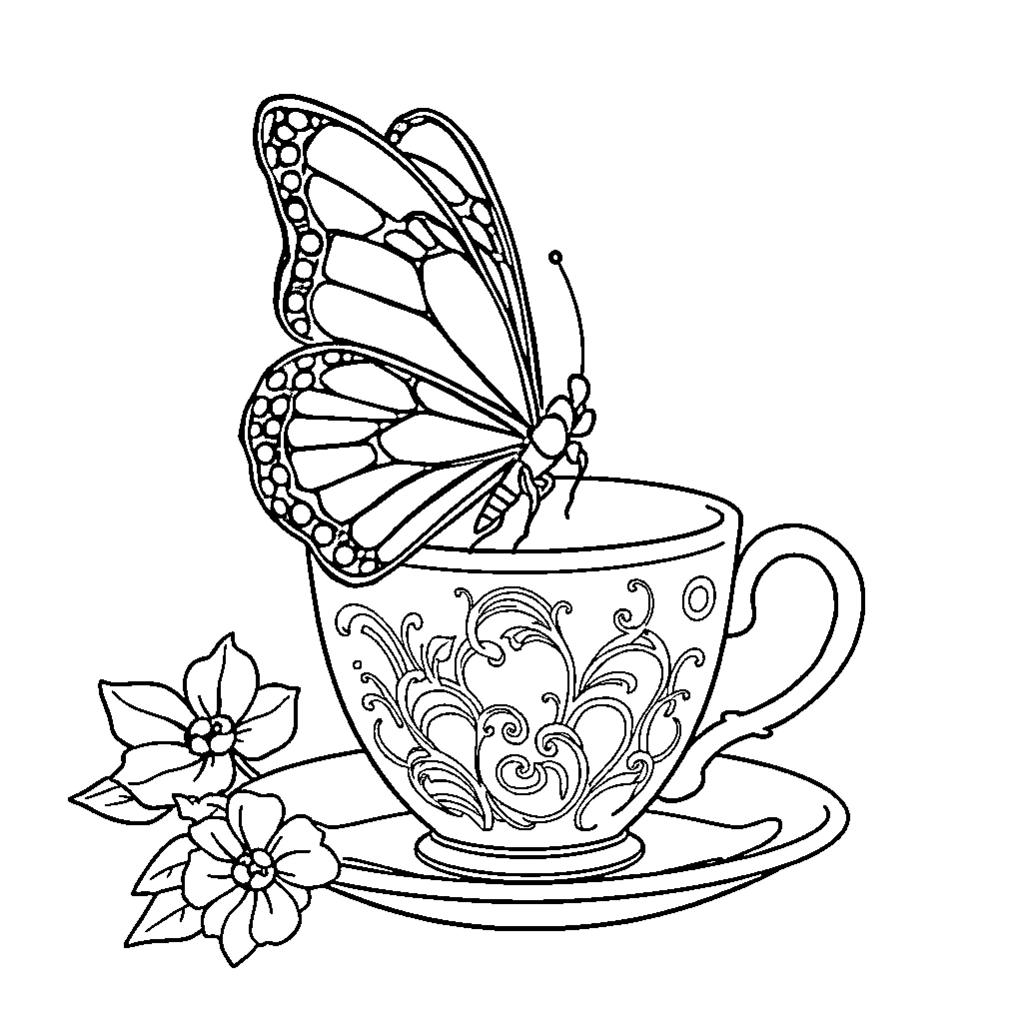 Butterfly Resting in Ornate Teacup Coloring Page (free black-and-white line drawing printable PDF for all, from beginners to advanced learners, including children, teens, adults, and seniors)
