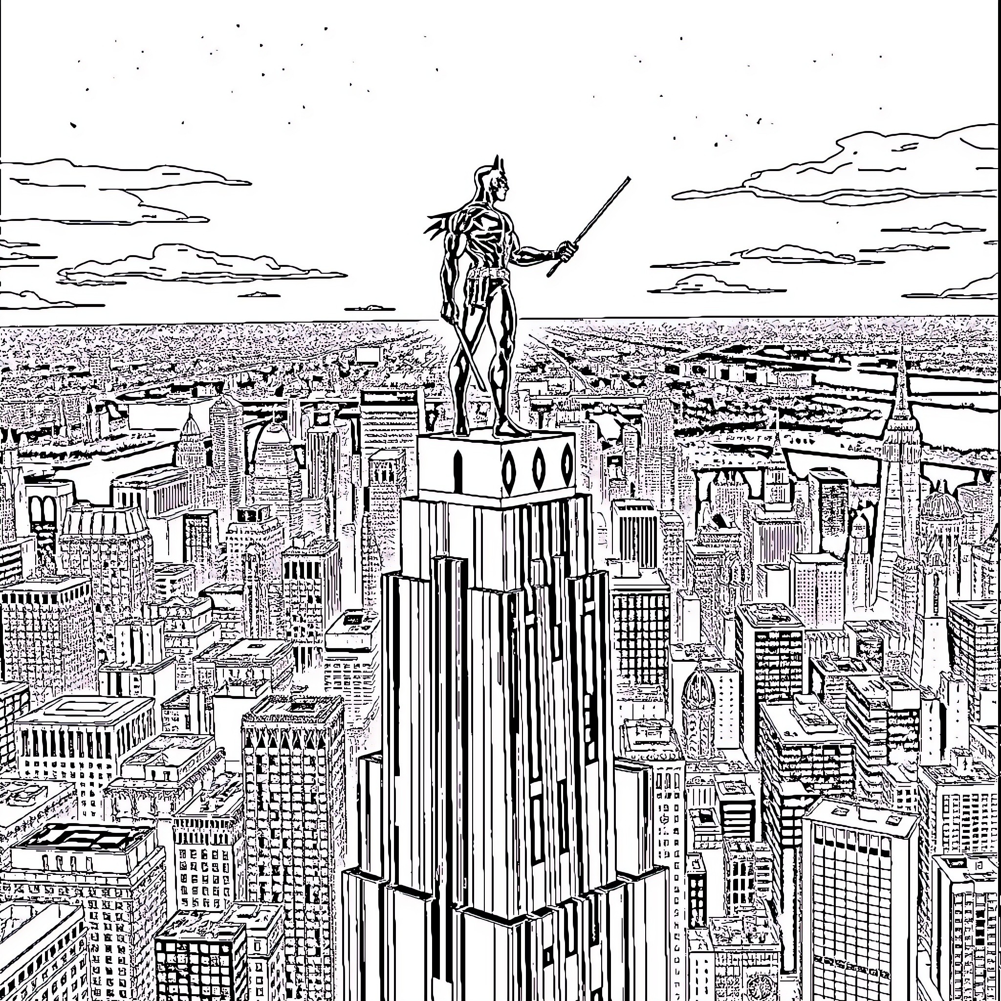 Nightwing standing tall over the city skyline Coloring Page (free black-and-white line drawing printable PDF for all, from beginners to advanced learners, including children, teens, adults, and seniors)