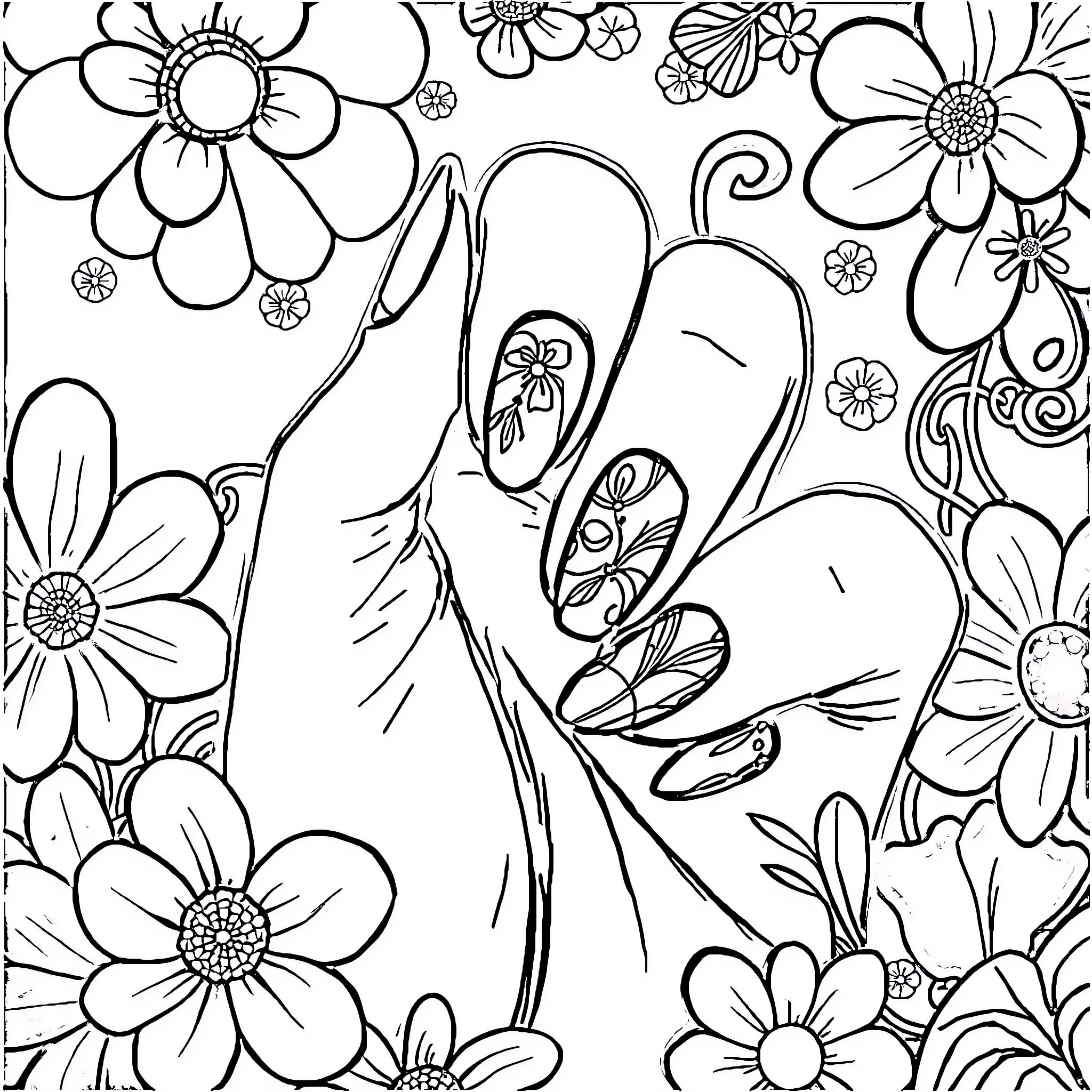 Nail Art Designs Amidst Floral Patterns Coloring Page (free black-and-white line drawing printable PDF for all, from beginners to advanced learners, including children, teens, adults, and seniors)
