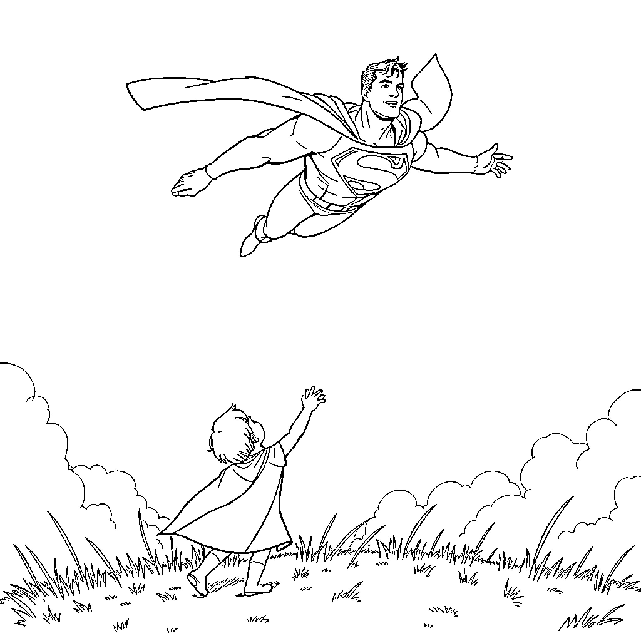 Superman soaring through the sky in heroic pose Coloring Page (free black-and-white line drawing printable PDF for all, from beginners to advanced learners, including children, teens, adults, and seniors)