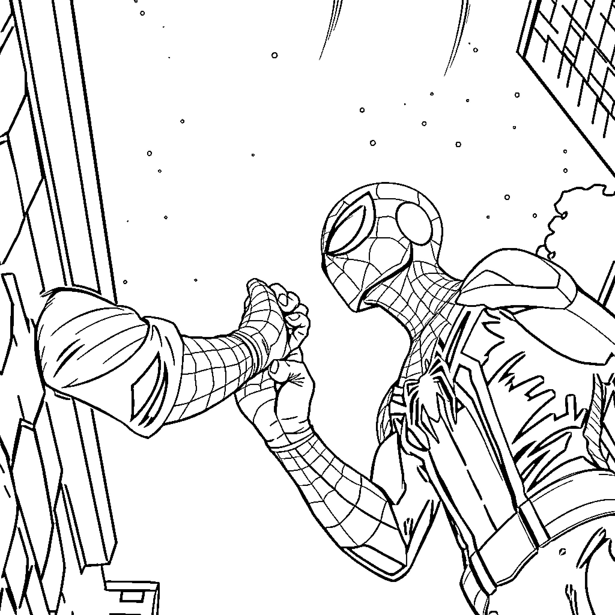 Spider-Man swinging through the city at night Coloring Page (free black-and-white line drawing printable PDF for all, from beginners to advanced learners, including children, teens, adults, and seniors)