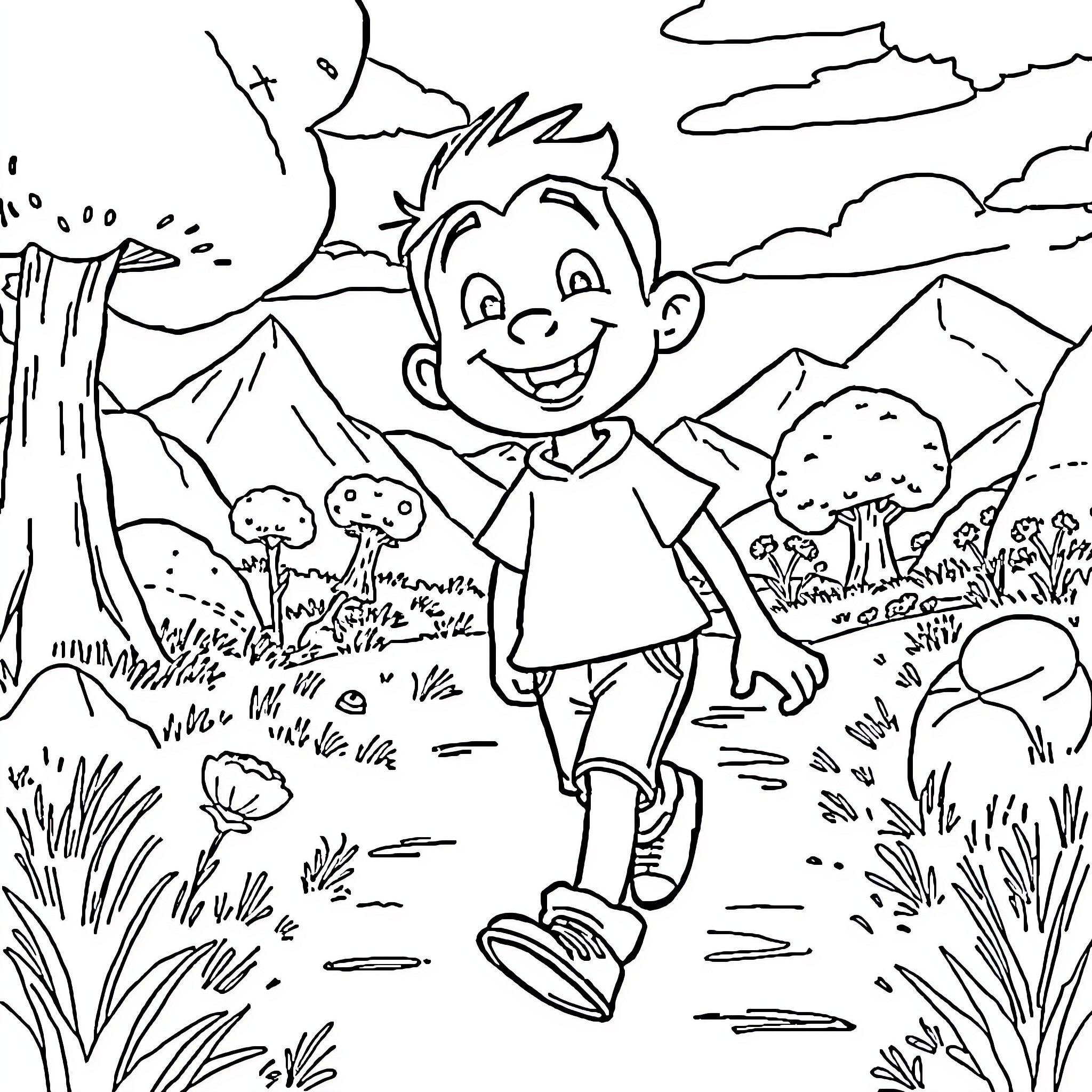 Rudy's Playful Adventure in the Outdoors Coloring Page (free black-and-white line drawing printable PDF for all, from beginners to advanced learners, including children, teens, adults, and seniors)