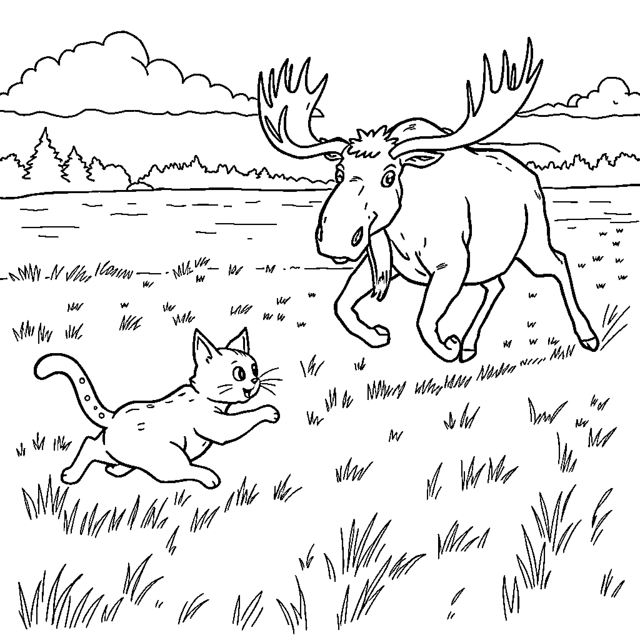 Cat chases a large moose in the wilderness Coloring Page (free black-and-white line drawing printable PDF for all, from beginners to advanced learners, including children, teens, adults, and seniors)
