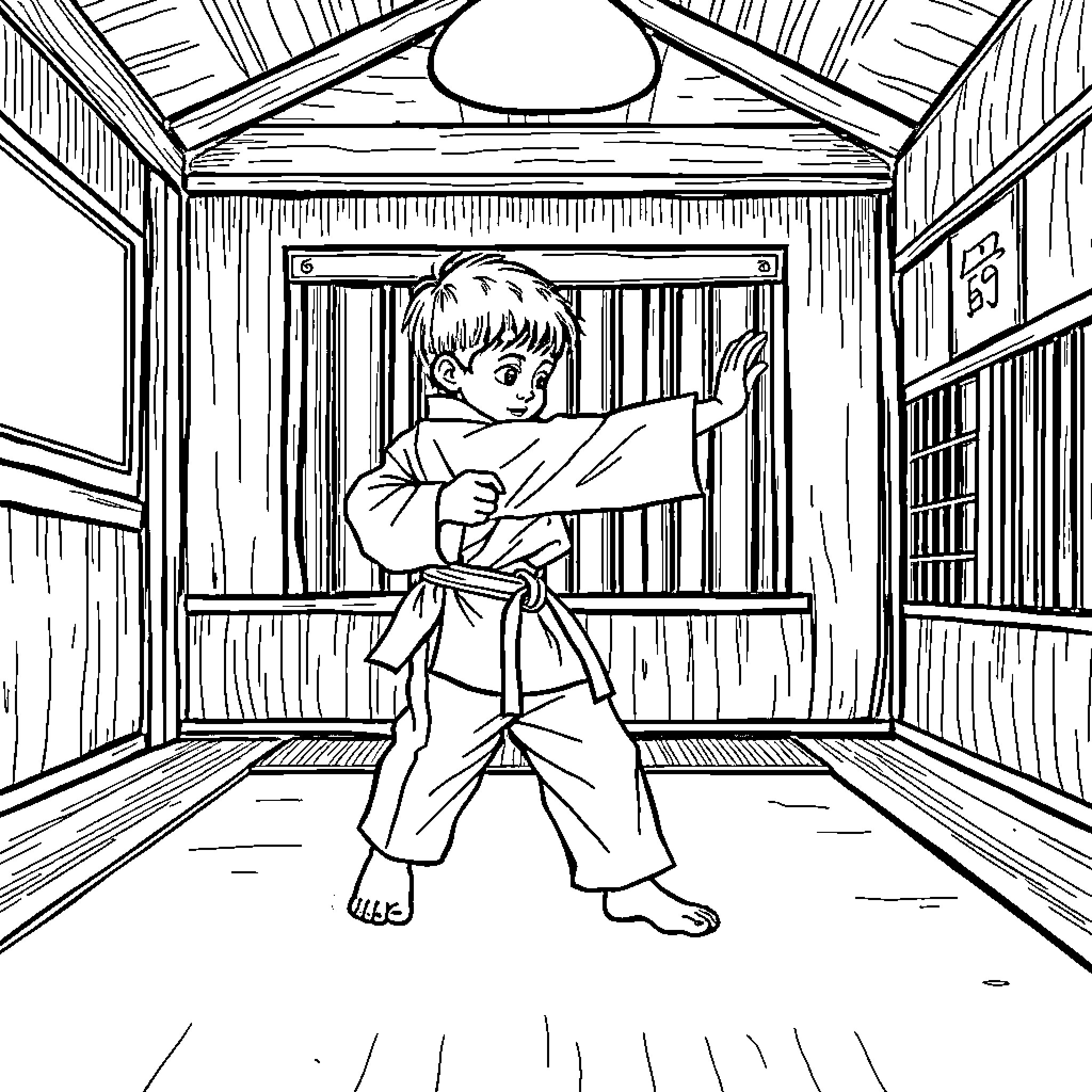 Karate Kid Practicing Martial Arts Moves in Dojo Coloring Page (free black-and-white line drawing printable PDF for all, from beginners to advanced learners, including children, teens, adults, and seniors)