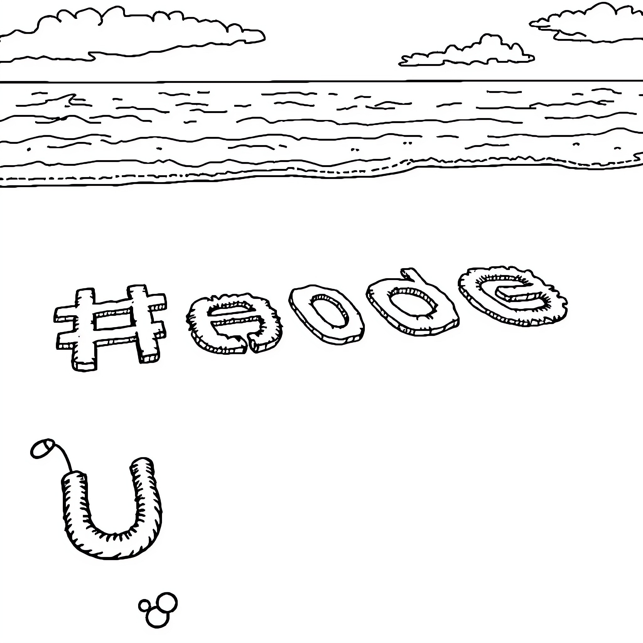 Unicode text and symbols on a beach landscape Coloring Page (free black-and-white line drawing printable PDF for all, from beginners to advanced learners, including children, teens, adults, and seniors)
