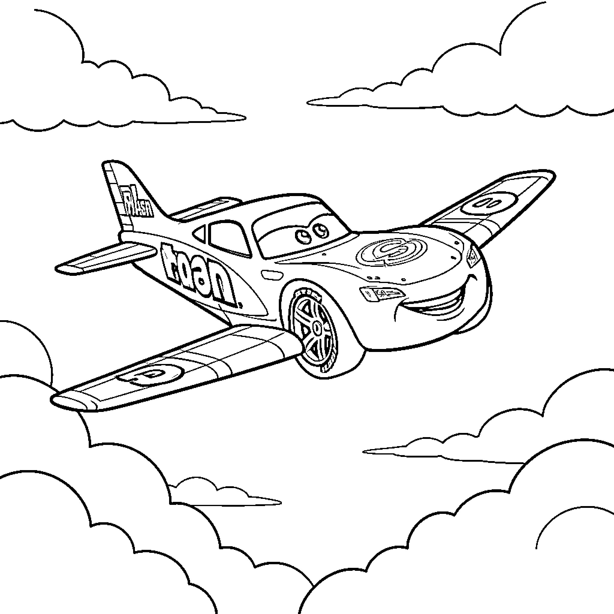 Lightning McQueen Soaring Through the Clouds Coloring Page (free black-and-white line drawing printable PDF for all, from beginners to advanced learners, including children, teens, adults, and seniors)