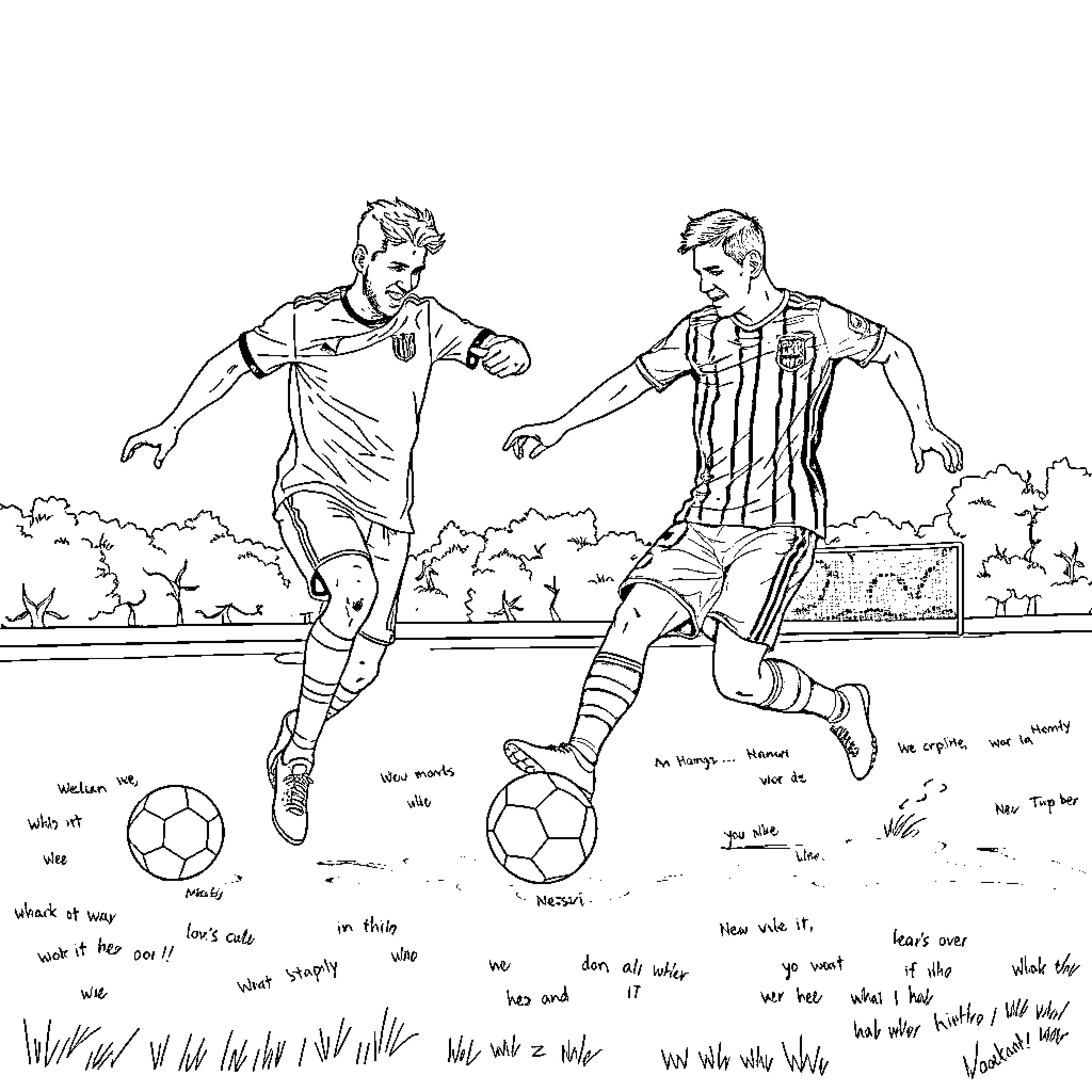 Soccer players in action on the field Coloring Page (free black-and-white line drawing printable PDF for all, from beginners to advanced learners, including children, teens, adults, and seniors)